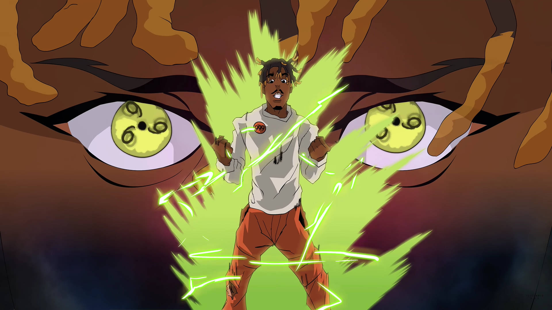 動漫角色被綠色能量包圍在巨大的卡通眼睛之間。 — Juice Wrld 壁紙