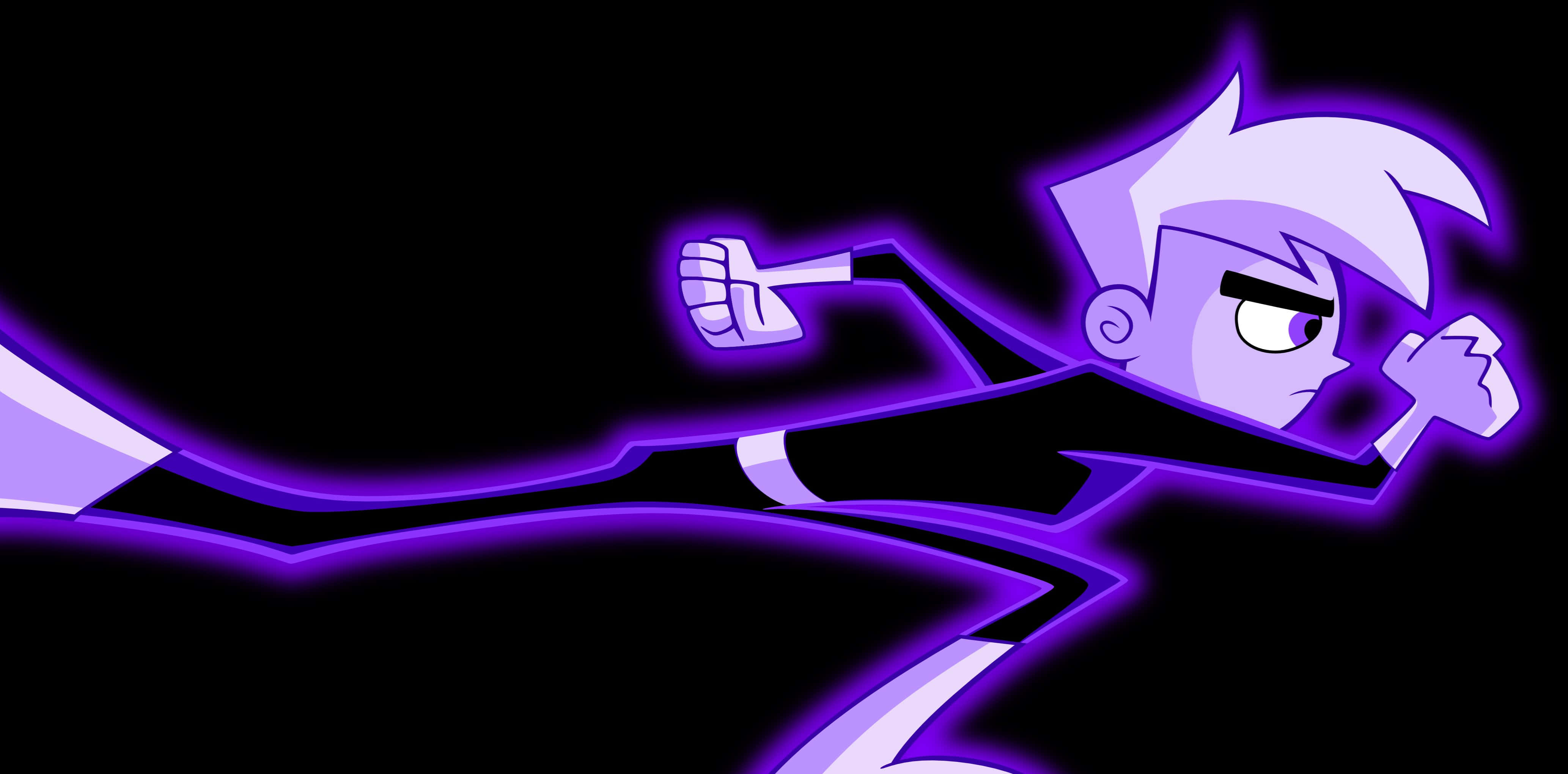 Danny Phantom 桌布 壁紙 — 一個風格化的動漫角色在黑色背景上向前衝刺，帶有發光的紫色能量軌跡。