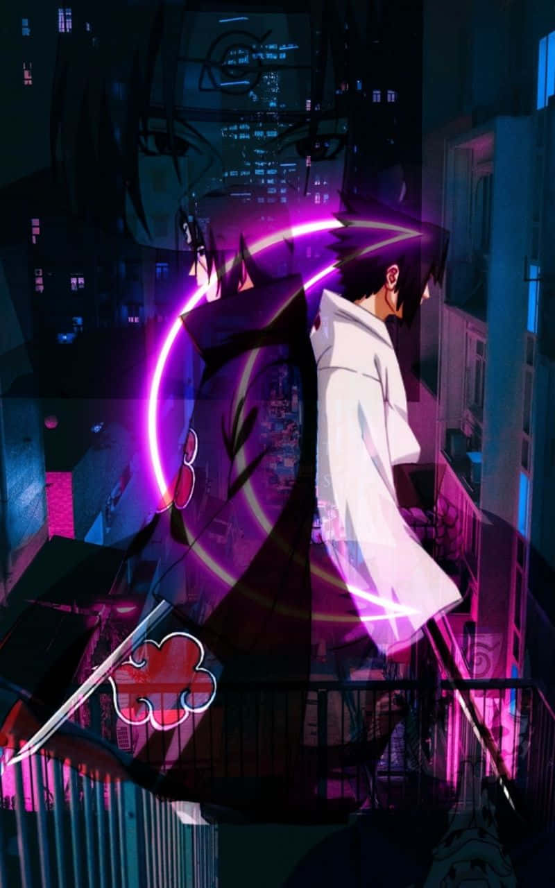 sasuke uchiha 桌布 壁紙 — 一個風格化的動漫角色夜晚站在陽台上，發光的紫色查克拉在他周圍旋轉，背景是霓虹燈閃爍的城市景觀。