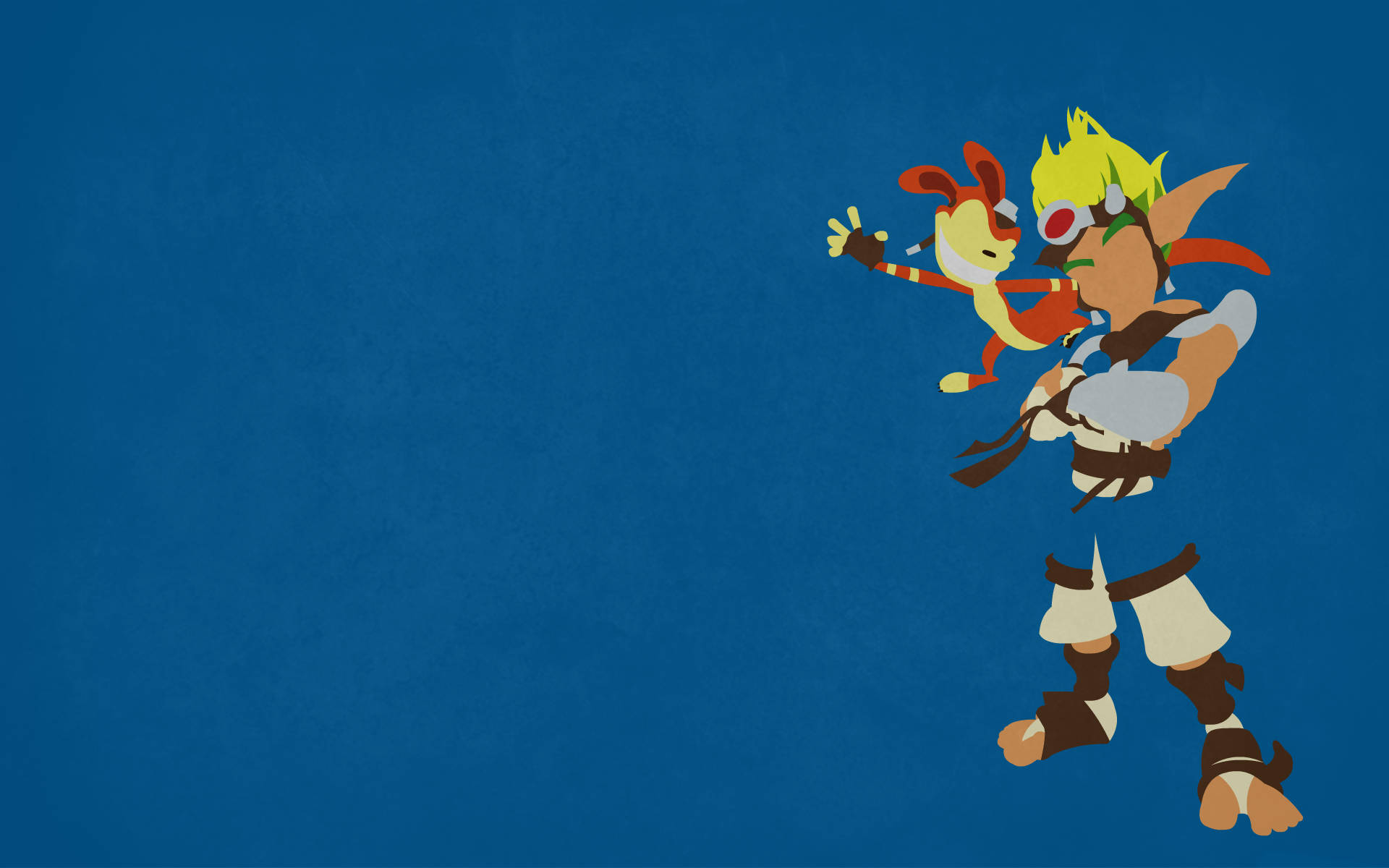 Jak 3 桌布 壁紙 — 一個風格化的動漫角色帶著一個小夥伴，在帶有紋理的藍色背景上動態跳躍。