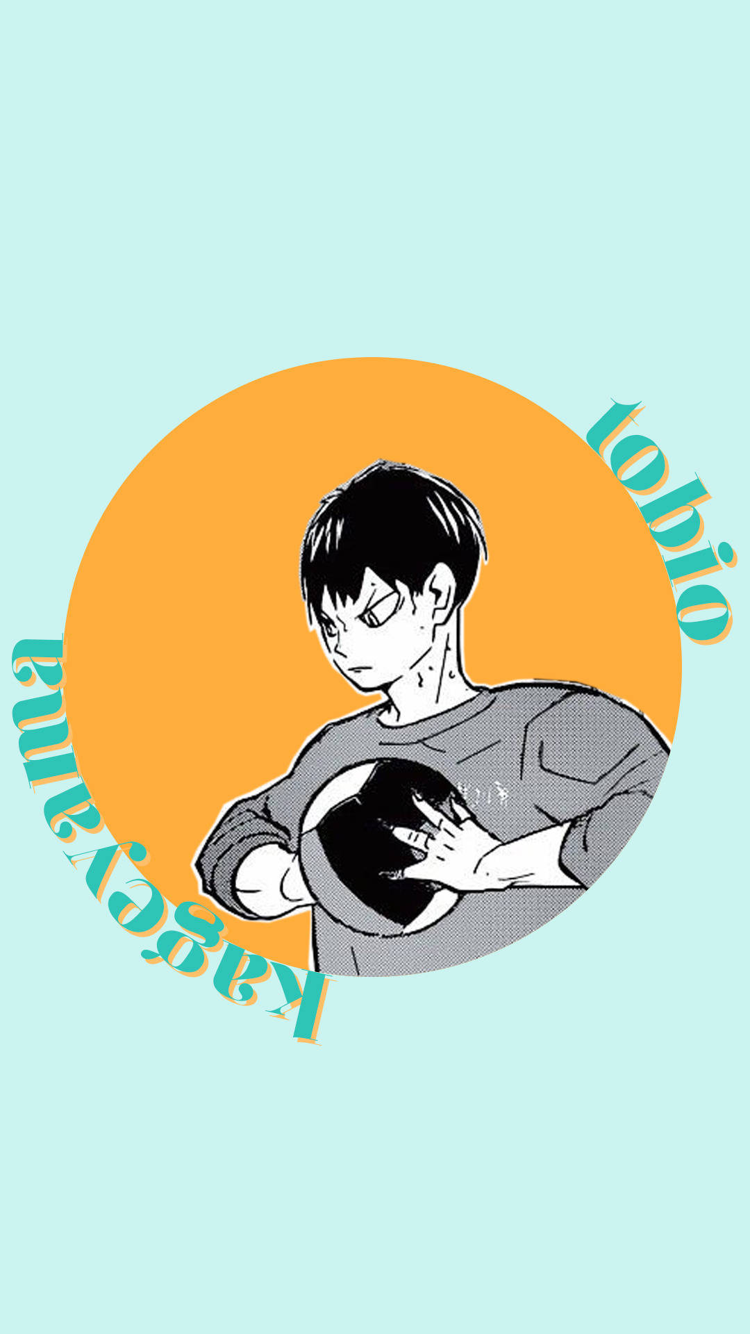 Kageyama 桌布 壁紙 — 一個風格化的動漫角色影山飛雄在柔和的青綠色背景上，帶有橙色圓形點綴，手持排球。
