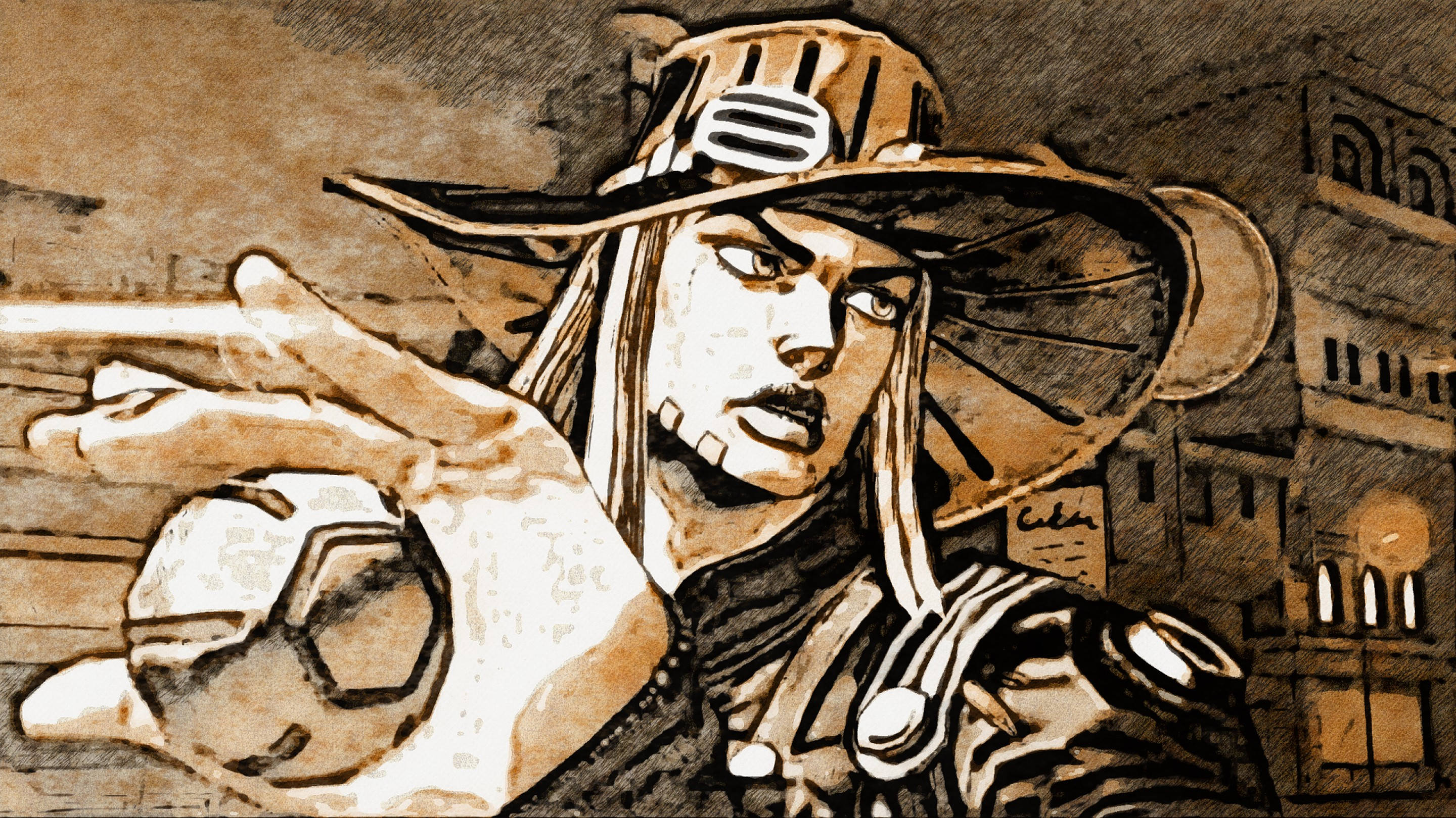 Gyro Zeppeli 桌布 壁紙 — 一個風格化的動漫角色戴著寬邊帽，在棕褐色調的城市背景下，以堅定的表情向前指。