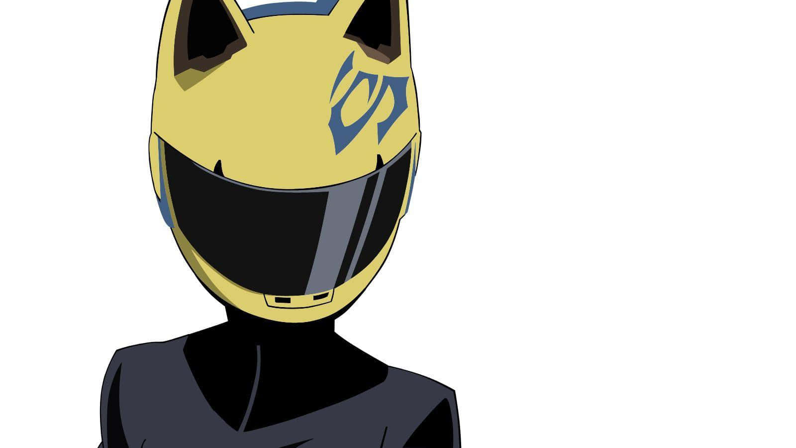 Celty Sturluson 桌布 壁紙 — 一個風格化的動漫角色戴著帶有貓耳和藍色徽章的黃色頭盔，背景為純白色。