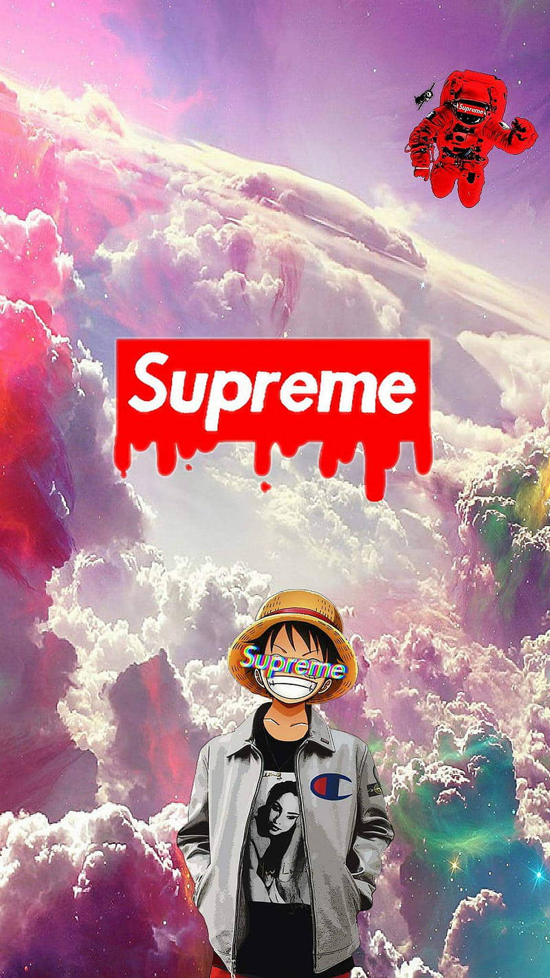 superhero supreme 桌布 壁紙 — 一個風格化的動漫角色戴著帽子和夾克，站在充滿粉紫色雲朵和漂浮的紅色宇航員的超現實天空前。