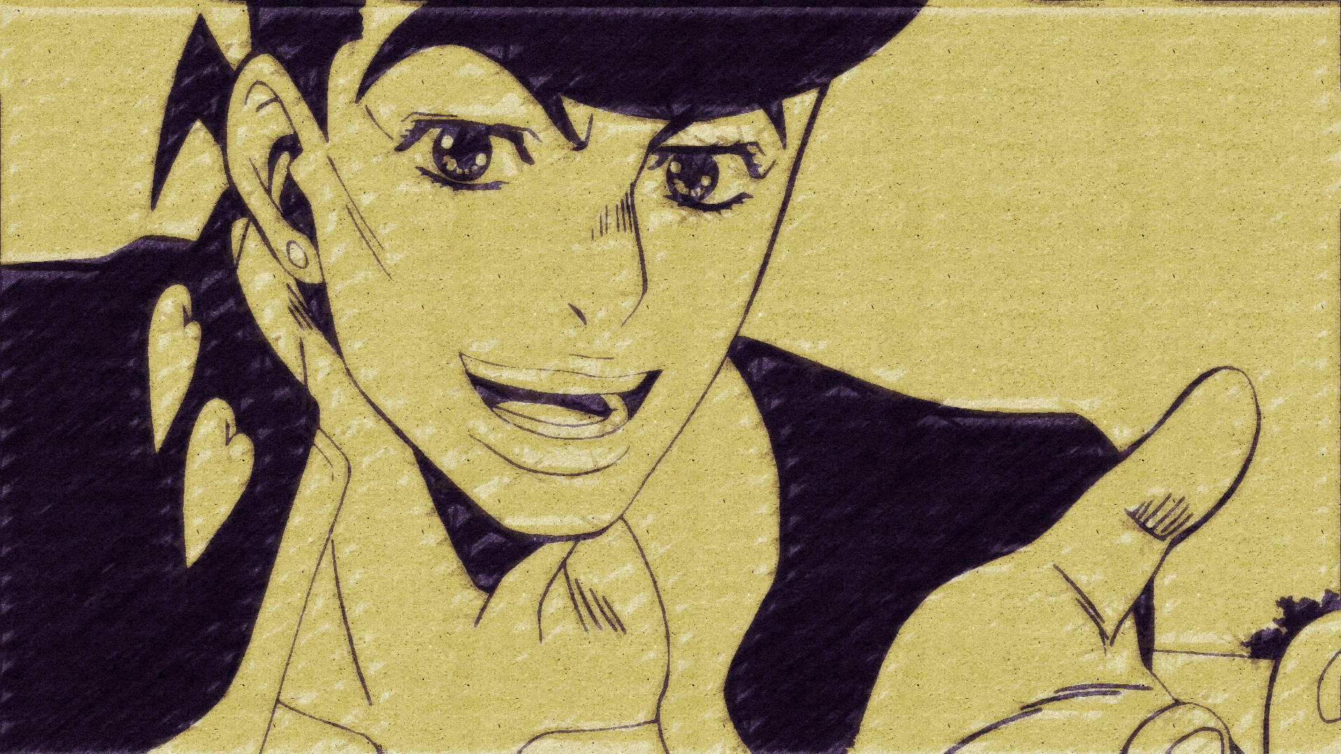 Josuke 桌布 壁紙 — 一個風格化的動漫角色戴著帽子和心形耳環，在紋理黃色背景前自信地豎起大拇指。