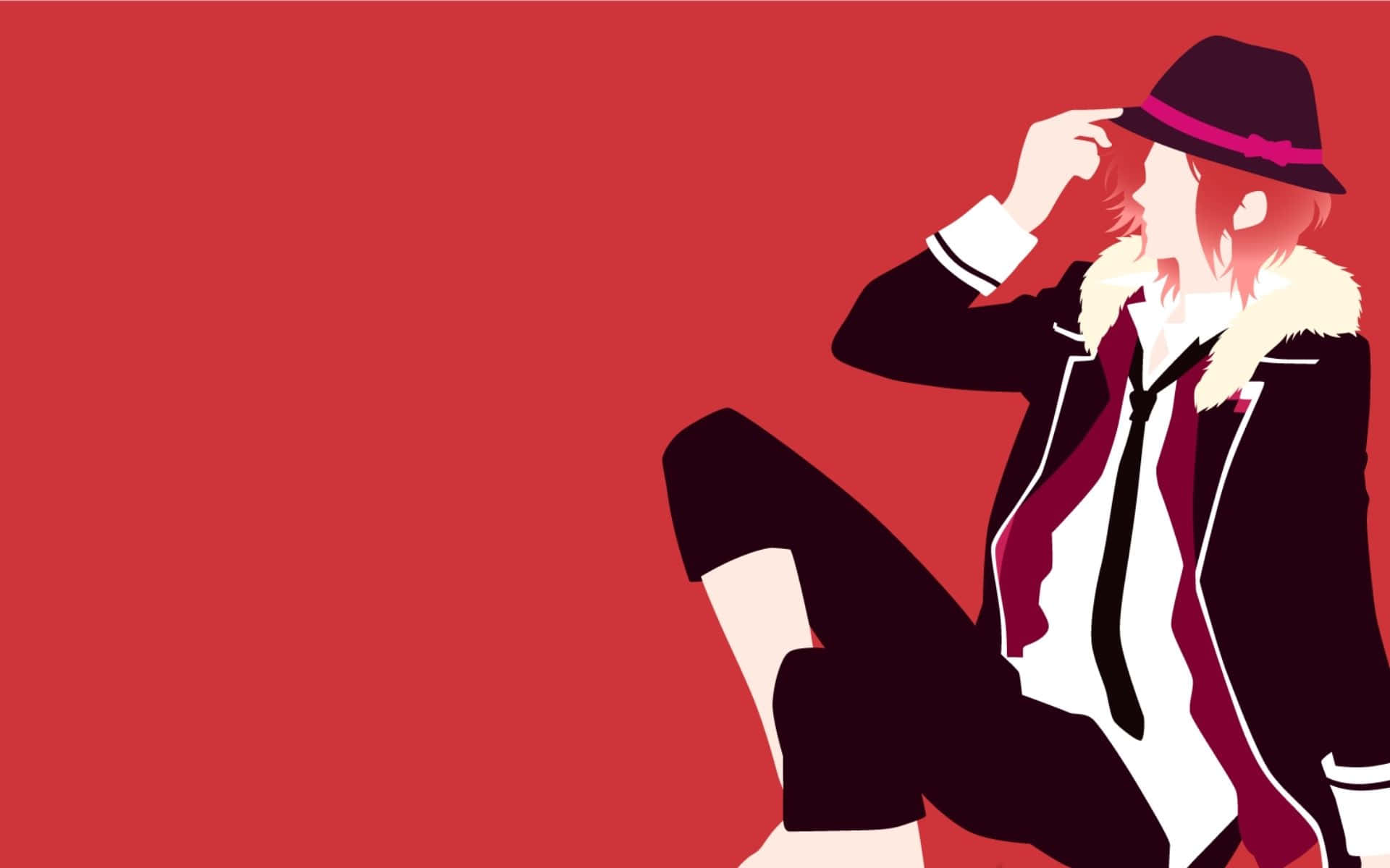 Diabolik Lovers 桌布 壁紙 — 一個風格化的動漫角色戴著軟呢帽和外套，在純紅色背景前自信地擺姿勢。