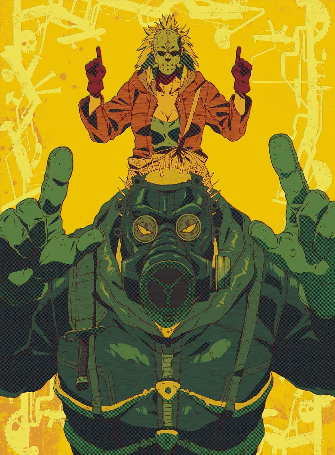dorohedoro 桌布 壁紙 — 一個風格化的動漫角色戴著防毒面具豎起雙拇指，而一個戴著面具、頭髮尖尖的角色站在他們的肩膀上，背景是黃色並帶有機械草圖。