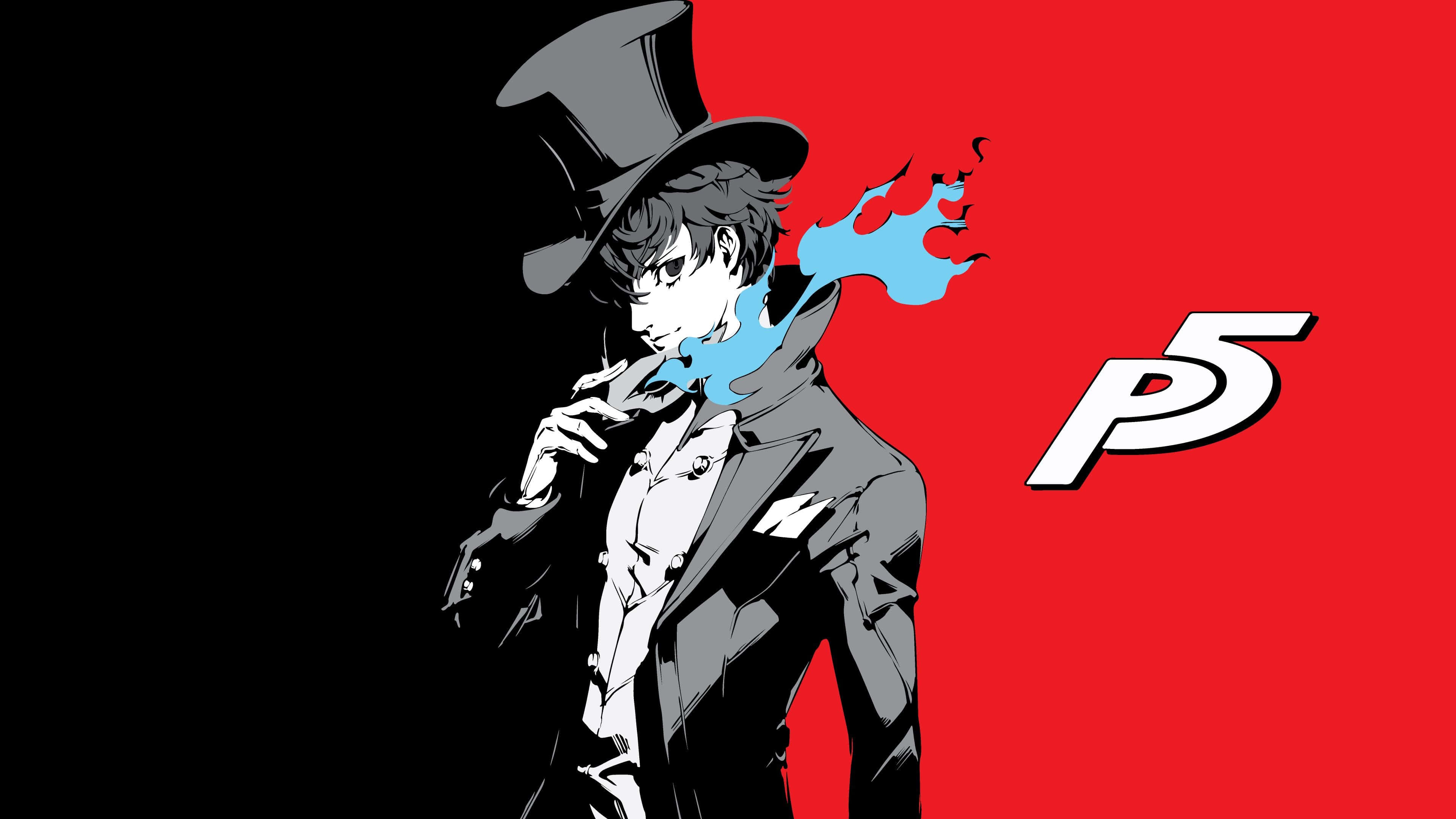 ren amamiya 桌布 壁紙 — 一個風格化的動漫角色戴著高帽，在分為黑色和紅色的背景上呼出藍色火焰，並帶有P5標誌。
