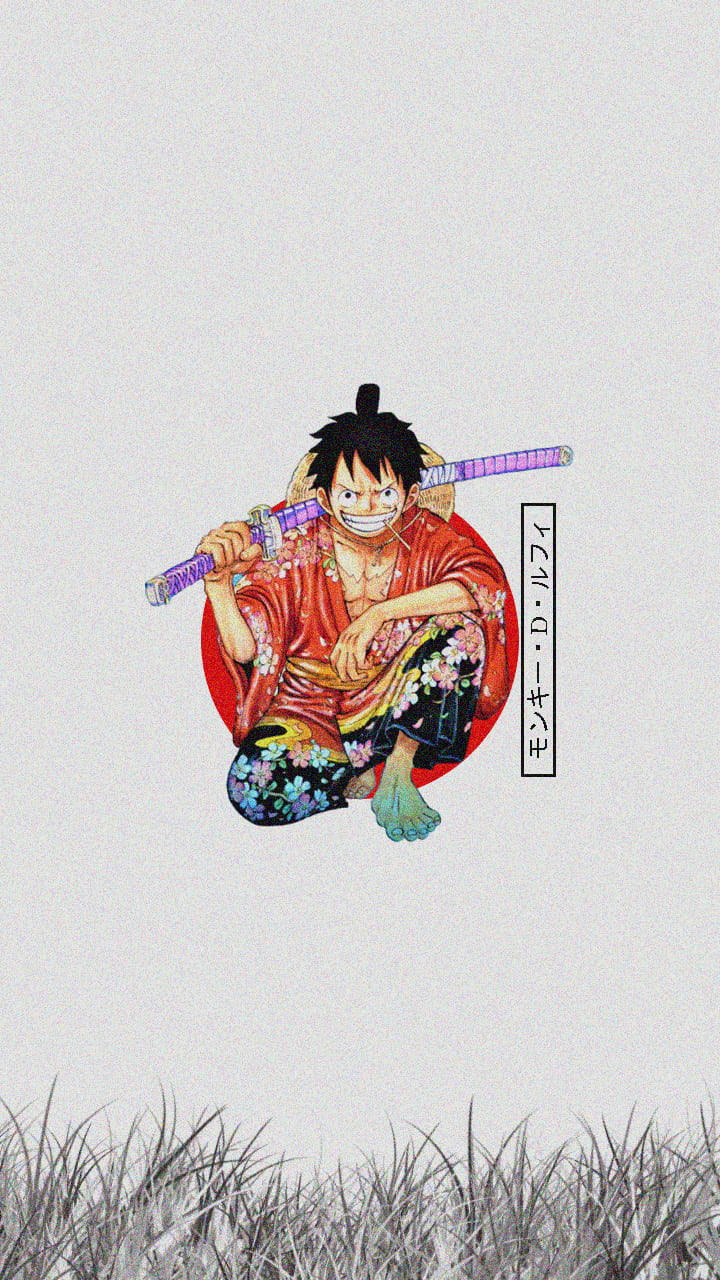Wano 桌布 壁紙 — 一個風格化的動漫角色手持劍，盤腿坐在一個紅色圓圈內，背景簡潔，底部有草。