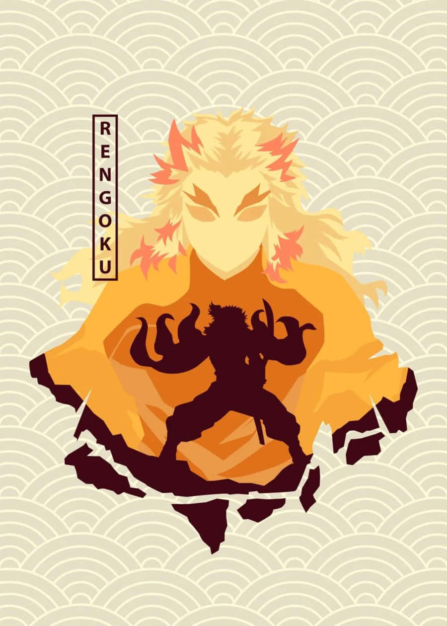 Rengoku Minimalist 桌布 壁紙 — 一個風格化的動漫角色煉獄，擁有火熱的橙色頭髮和一個陰影惡魔輪廓，從裂開的地面中浮現，背景是波浪圖案。
