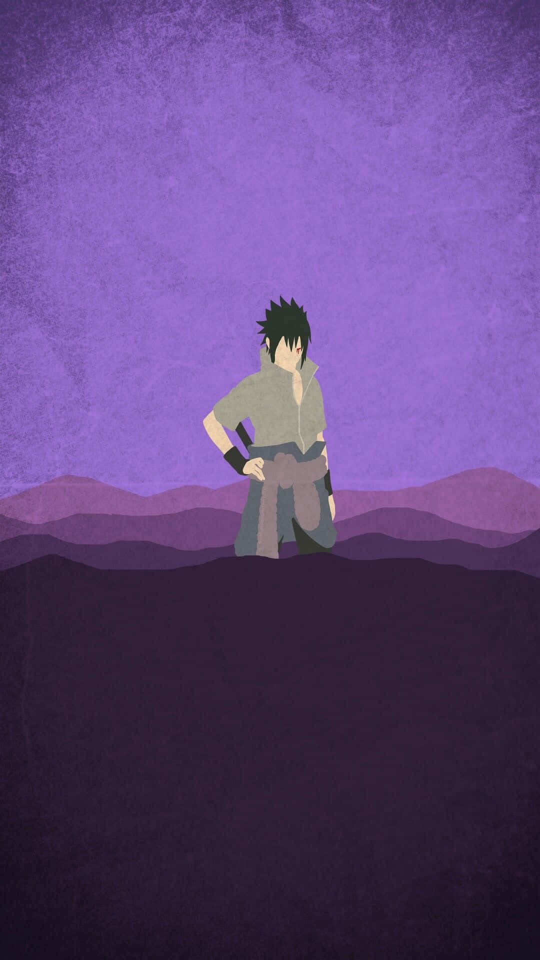 Uchiha iPhone 桌布 壁紙 — 一個風格化的動漫角色獨自站在紫色山脊上，頭頂是紋理豐富的紫羅蘭色天空。