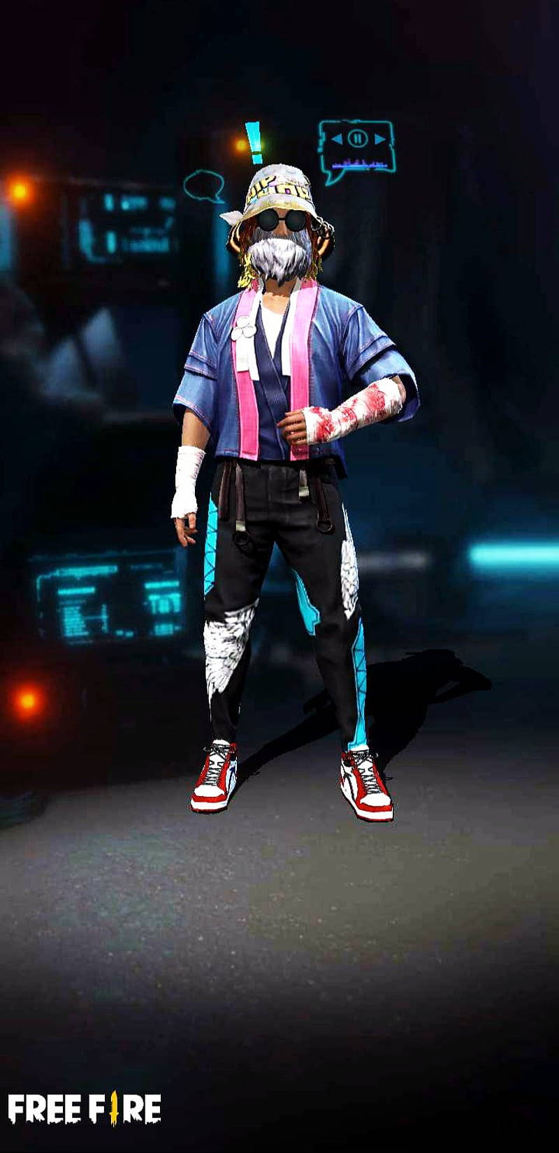 Free Fire Sakura 桌布 壁紙 — 一個風格化的動漫角色穿著未來主義的賽博龐克服裝，自信地站在霓虹燈照亮的數位環境中。