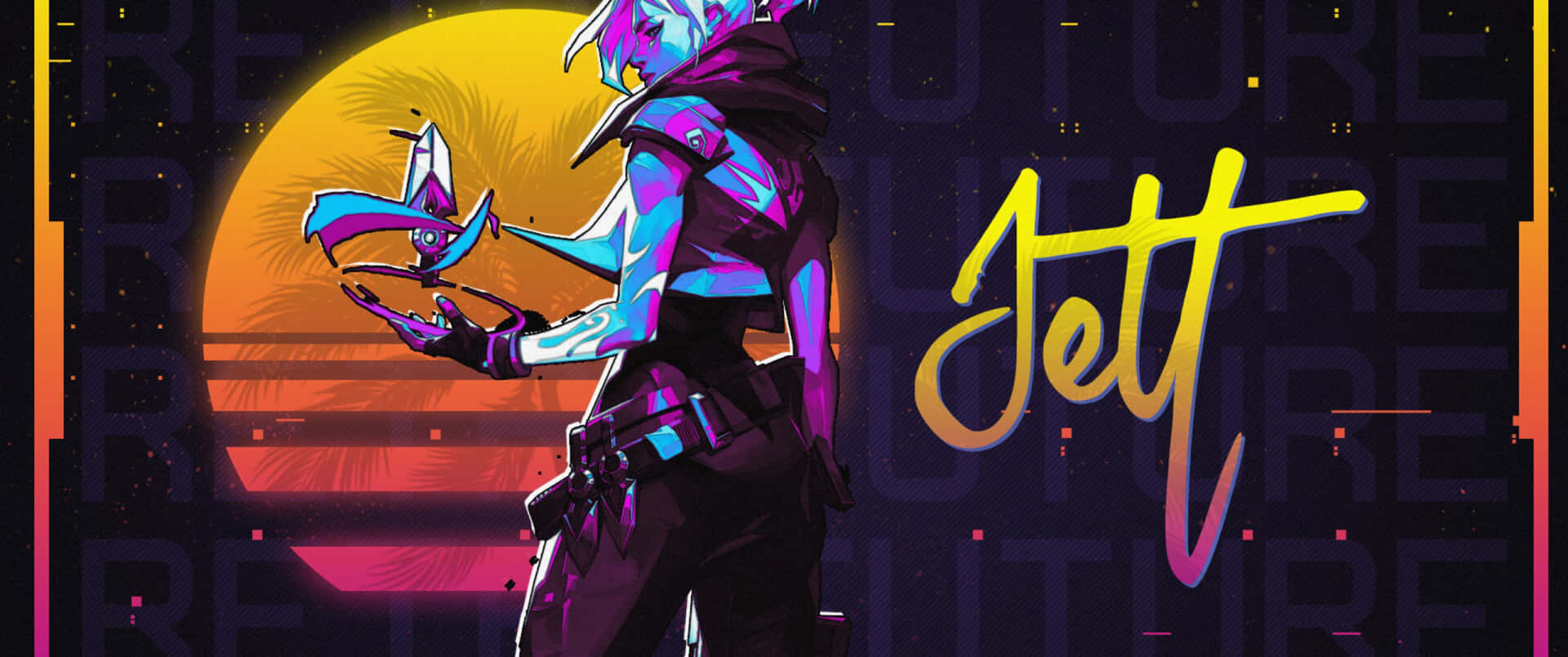 動漫角色Jett穿著賽博龐克裝備，在夕陽下手持發光武器。 — Valorant Jett 壁紙