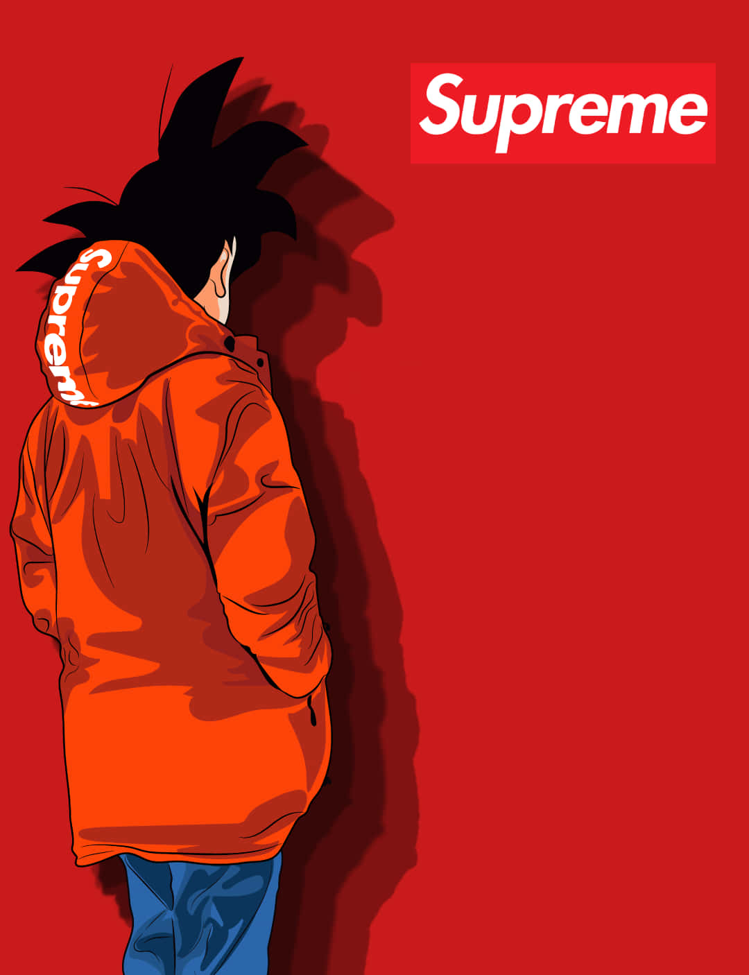 桌布 壁紙 — 一個風格化的動漫角色穿著橙色Supreme連帽衫，站在大膽的紅牆前，投下長長的影子。