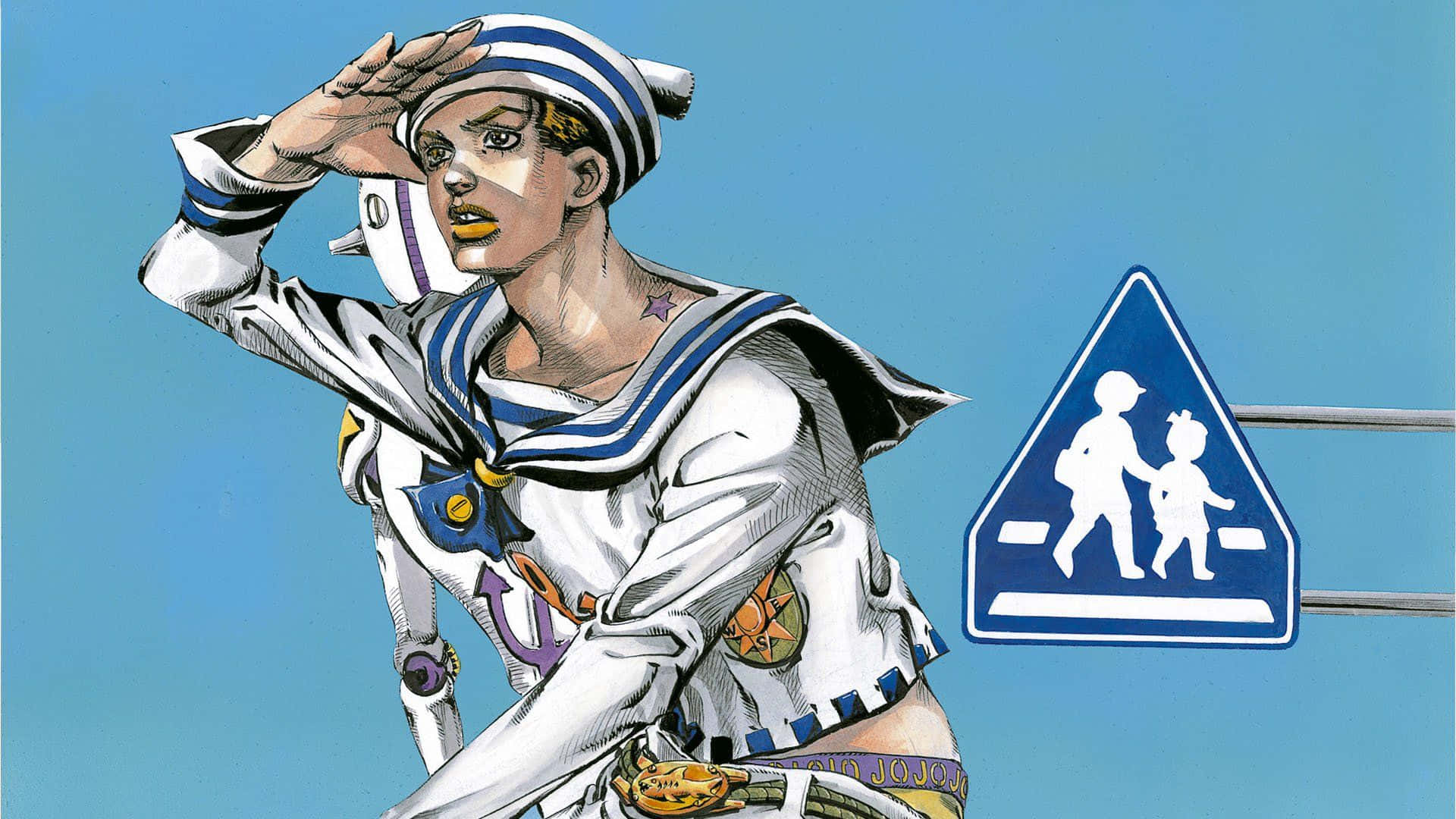 Jojolion 桌布 壁紙 — 一個風格化的動漫角色穿著水手服，在藍天背景下向藍色行人穿越道標誌敬禮。