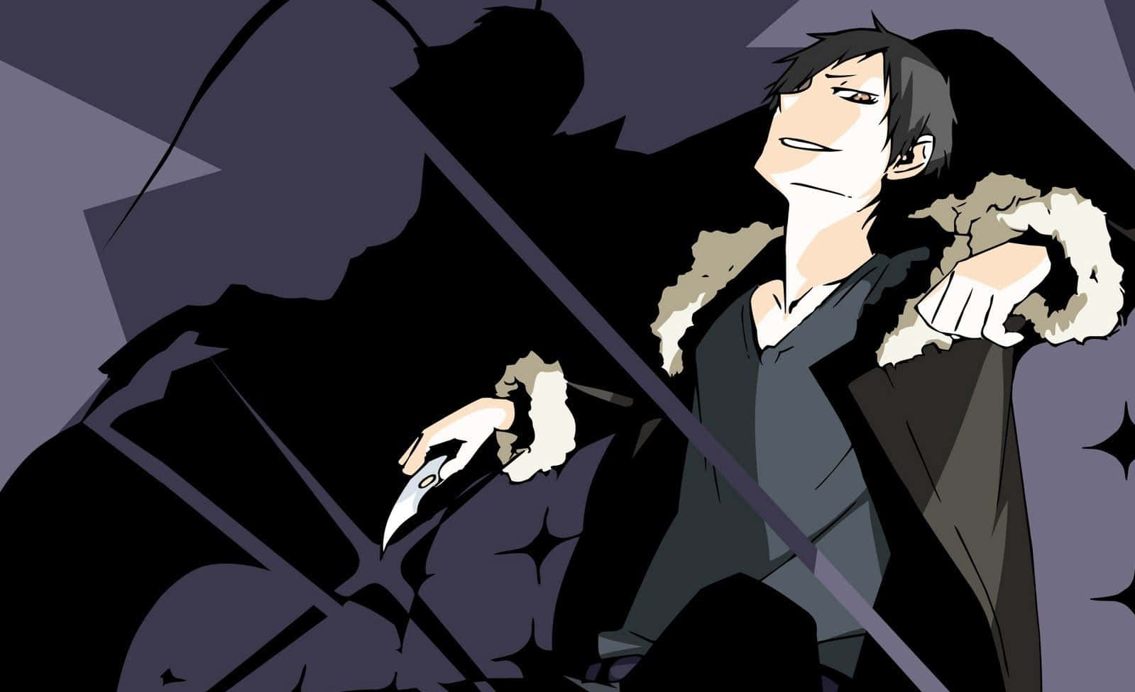 durarara 桌布 壁紙 — 一個風格化的動漫角色穿著深色外套配毛領，挑釁地面對一個持刀的陰影人物。