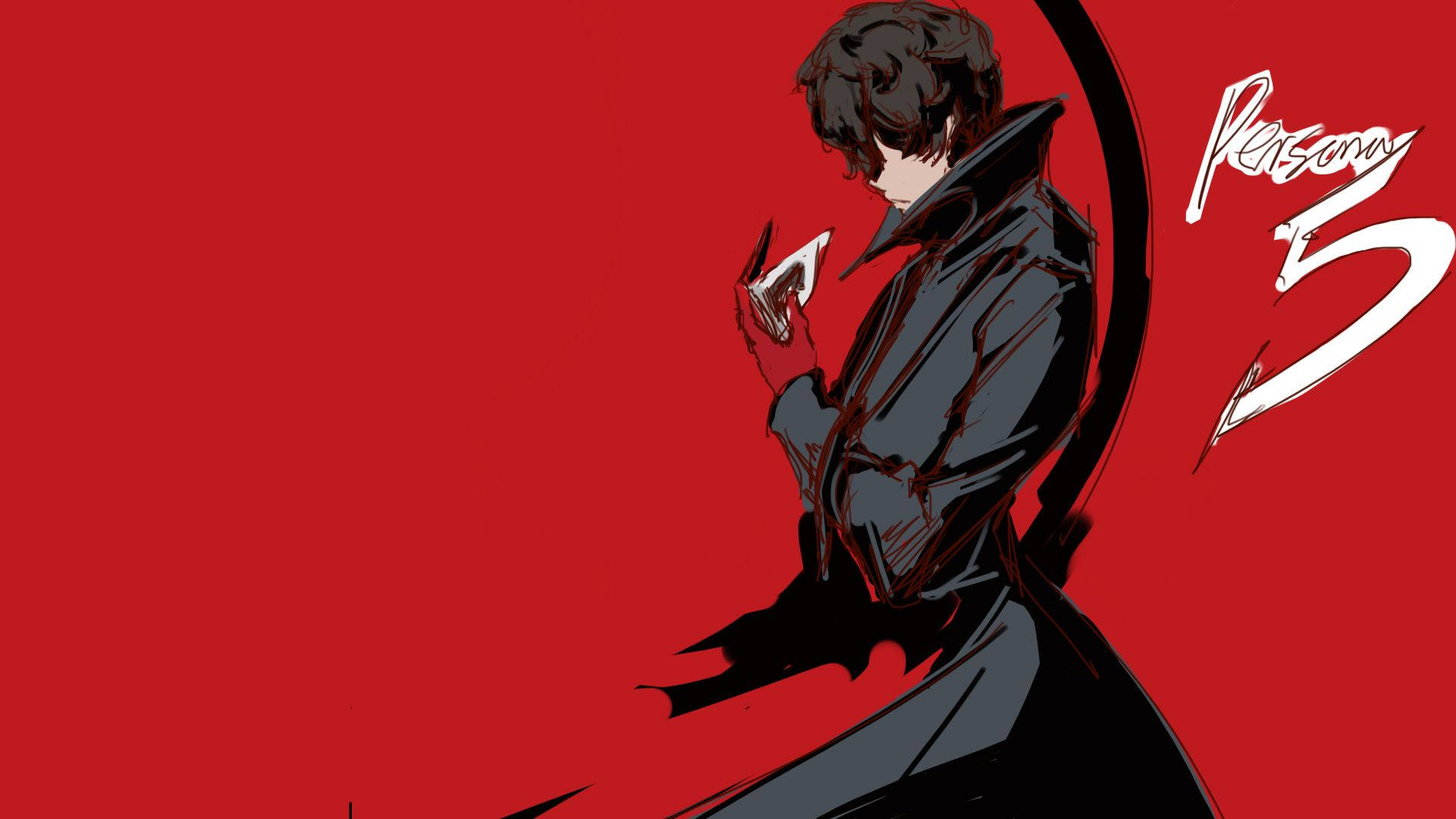 ren amamiya 桌布 壁紙 — 一個風格化的動漫角色穿著深色外套，站在大膽的紅色背景前，手持一張附近有Persona 5標誌的卡片。