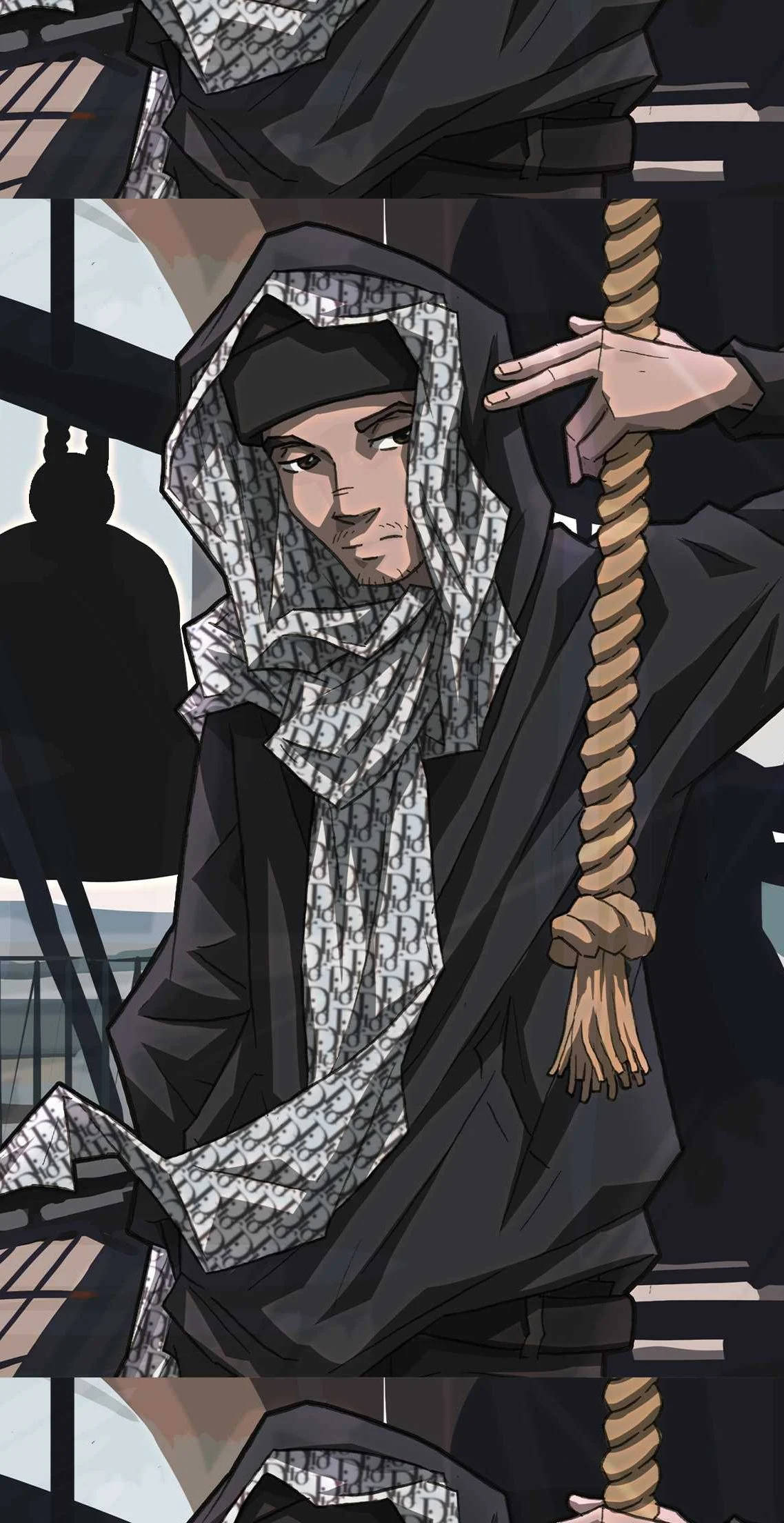 動漫男孩 桌布 壁紙 — 一個風格化的動漫角色穿著深色連帽長袍，在現代窗戶背景下握著一條粗繩。