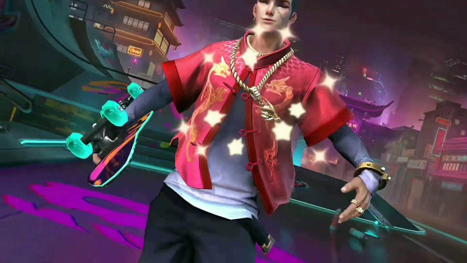 Mobile Legends 動態圖 桌布 壁紙 — 一個風格化的動漫角色穿著發光的紅色外套，在夜晚的賽博龐克城市景觀中拿著霓虹滑板。