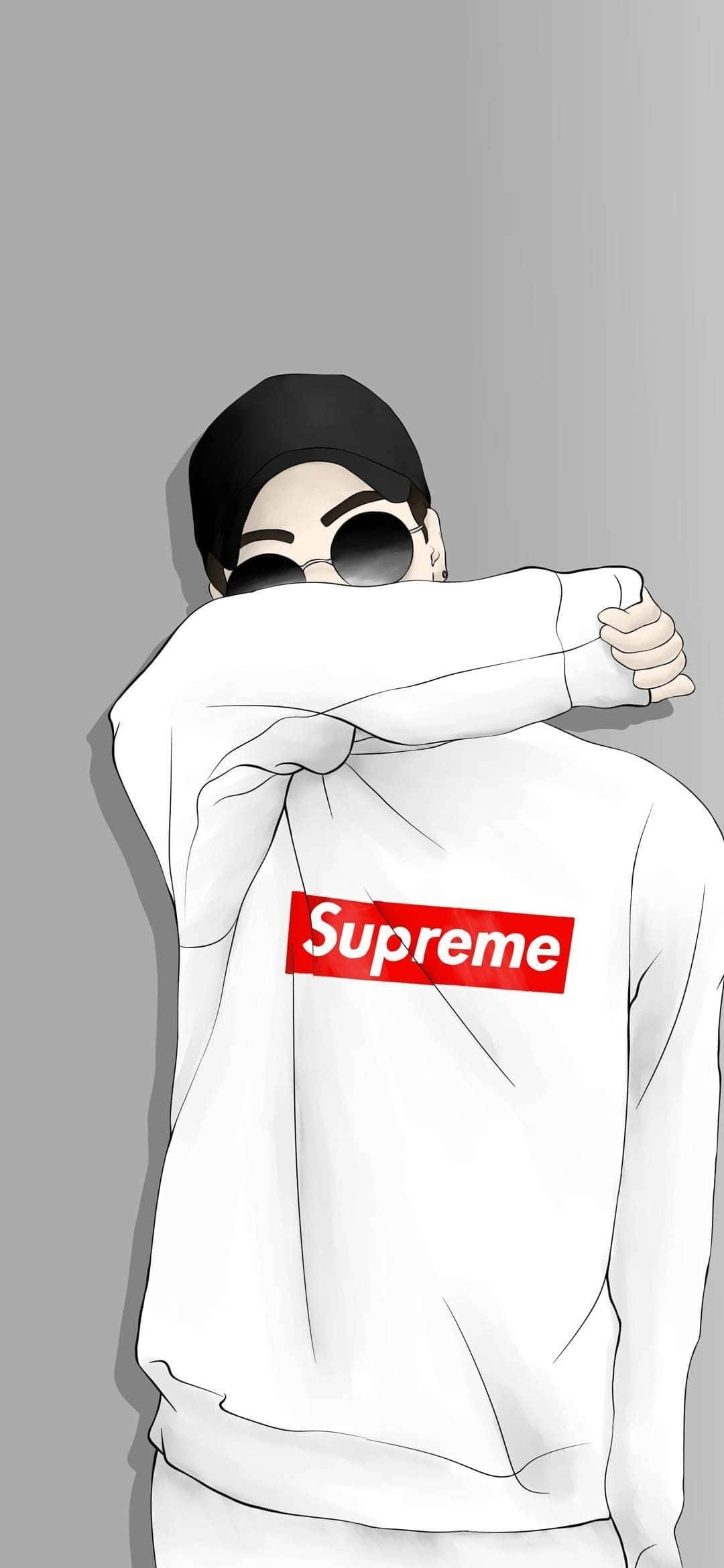 supreme 桌布 壁紙 — 一個風格化的動漫角色穿著白色Supreme運動衫和黑色帽子，在純灰色背景上擁抱自己。
