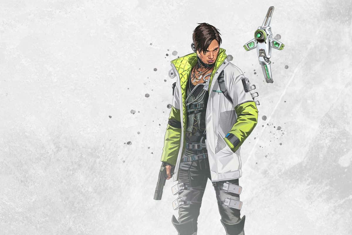 Apex Legends Crypto 桌布 壁紙 — 一個風格化的動漫角色穿著白色和螢光綠色外套，手持手槍，同時一個未來風格的武器漂浮在他旁邊，背景是紋理灰色。