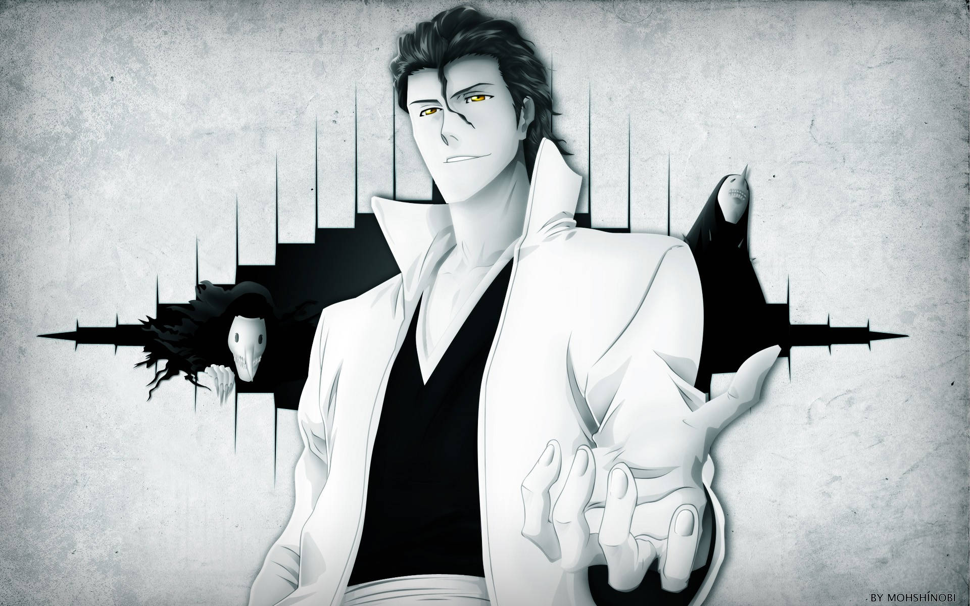 Aizen 桌布 壁紙 — 一個風格化的動漫角色穿著白色外套從撕裂的牆壁中出現，身後有一個戴面具的人物。