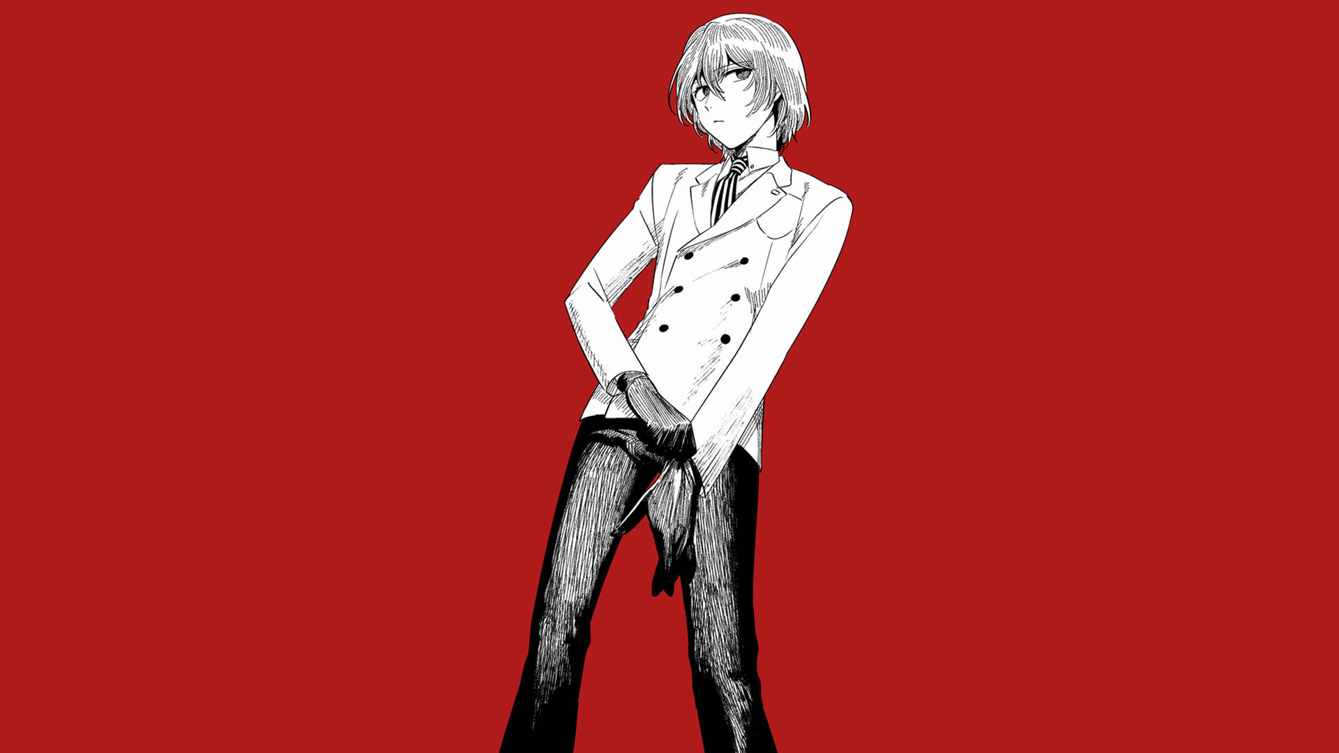 persona 5 4K 桌布 壁紙 — 一個風格化的動漫角色穿著白色西裝，自信地站在大膽的紅色背景前。