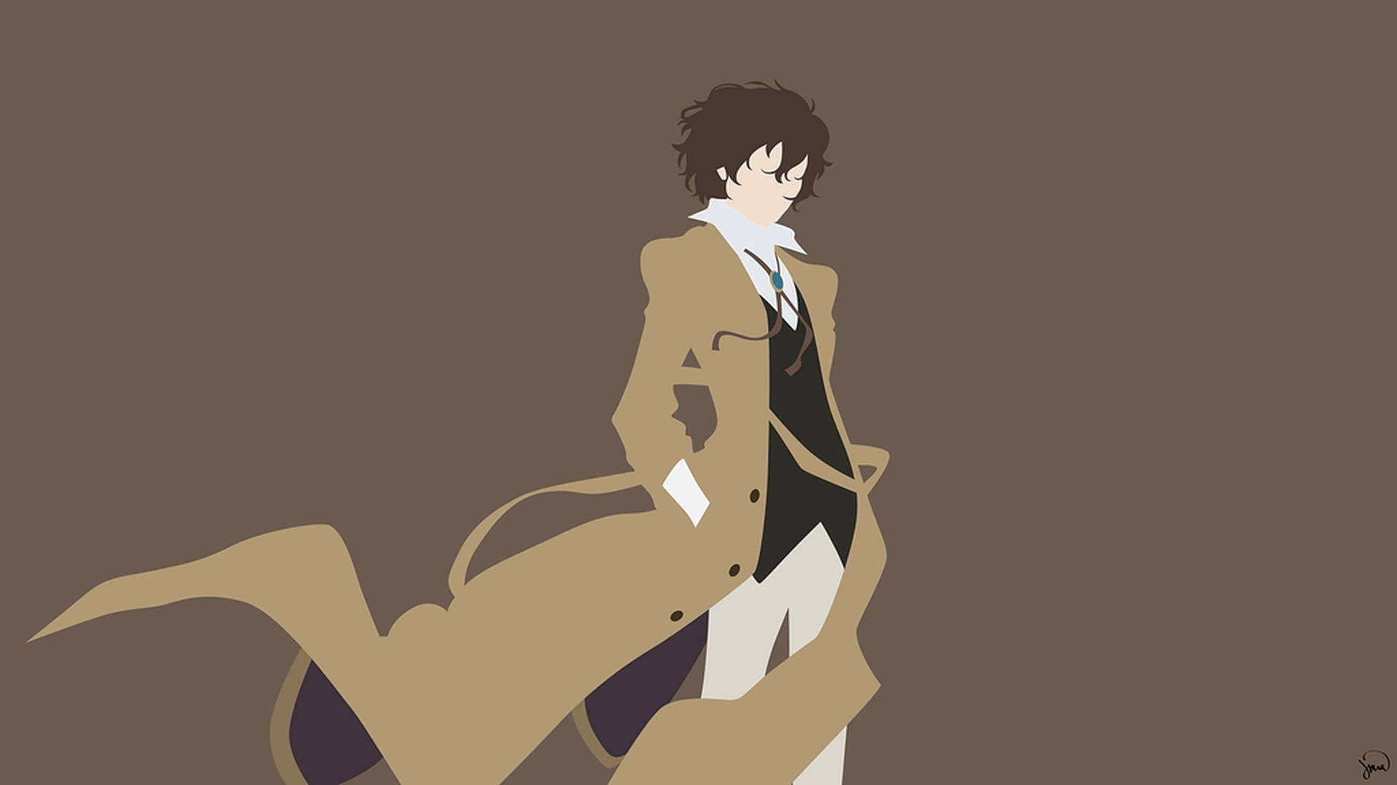 Dazai 桌布 壁紙 — 一個風格化的動漫角色穿著米色風衣，以自信的姿態站在純棕色背景前。