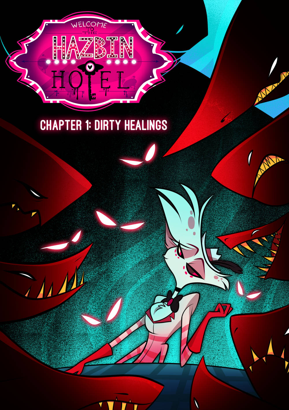 Hazbin Hotel 桌布 壁紙 — 一個風格化的動漫角色穿著粉紅色和白色的服裝，挑釁地站在一群帶有發光眼睛的威脅性紅色惡魔面孔之中。