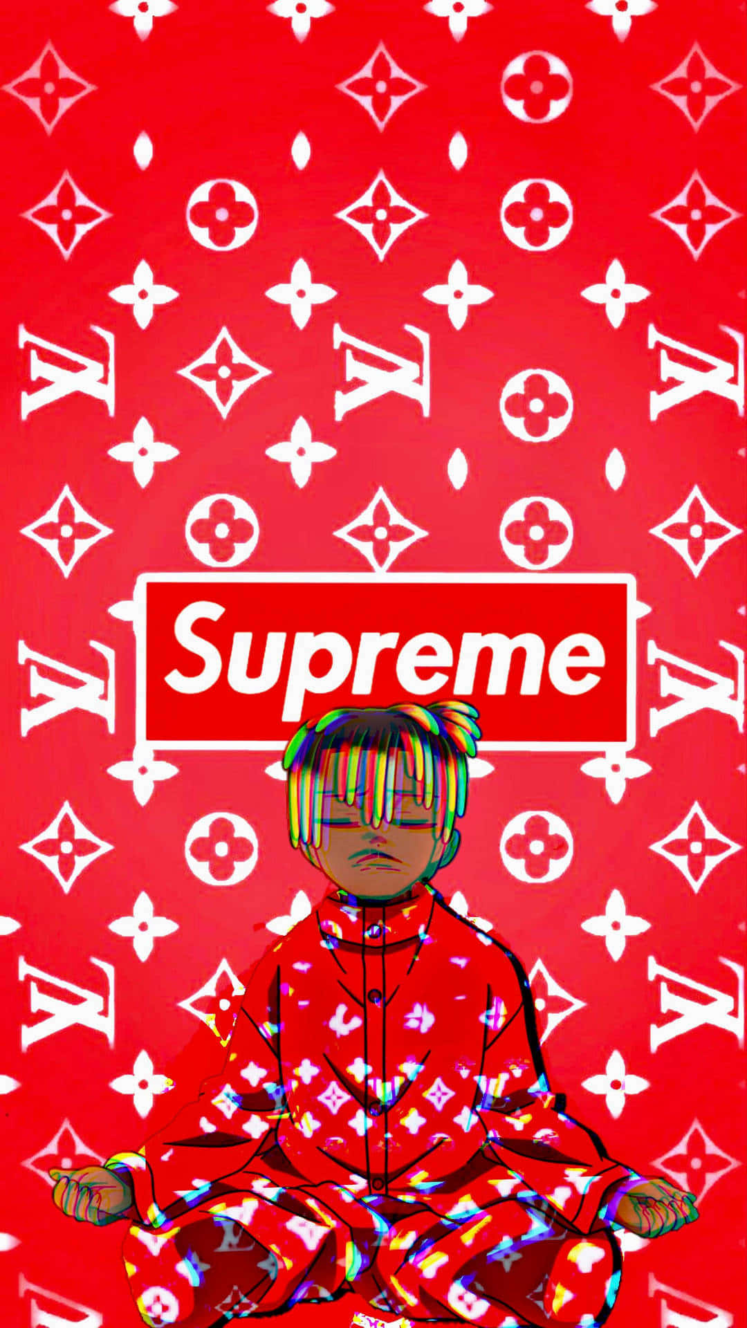 supreme 桌布 壁紙 — 一個風格化的動漫角色穿著紅色Louis Vuitton圖案服裝，在帶有Supreme標誌的匹配紅色背景上冥想。