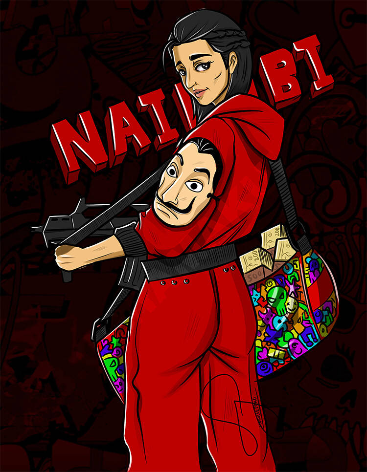 nairobi money heist 桌布 壁紙 — 一個風格化的動漫角色穿著紅色連身衣，手持步槍，同時背著一個色彩繽紛的袋子和戴著達利面具。