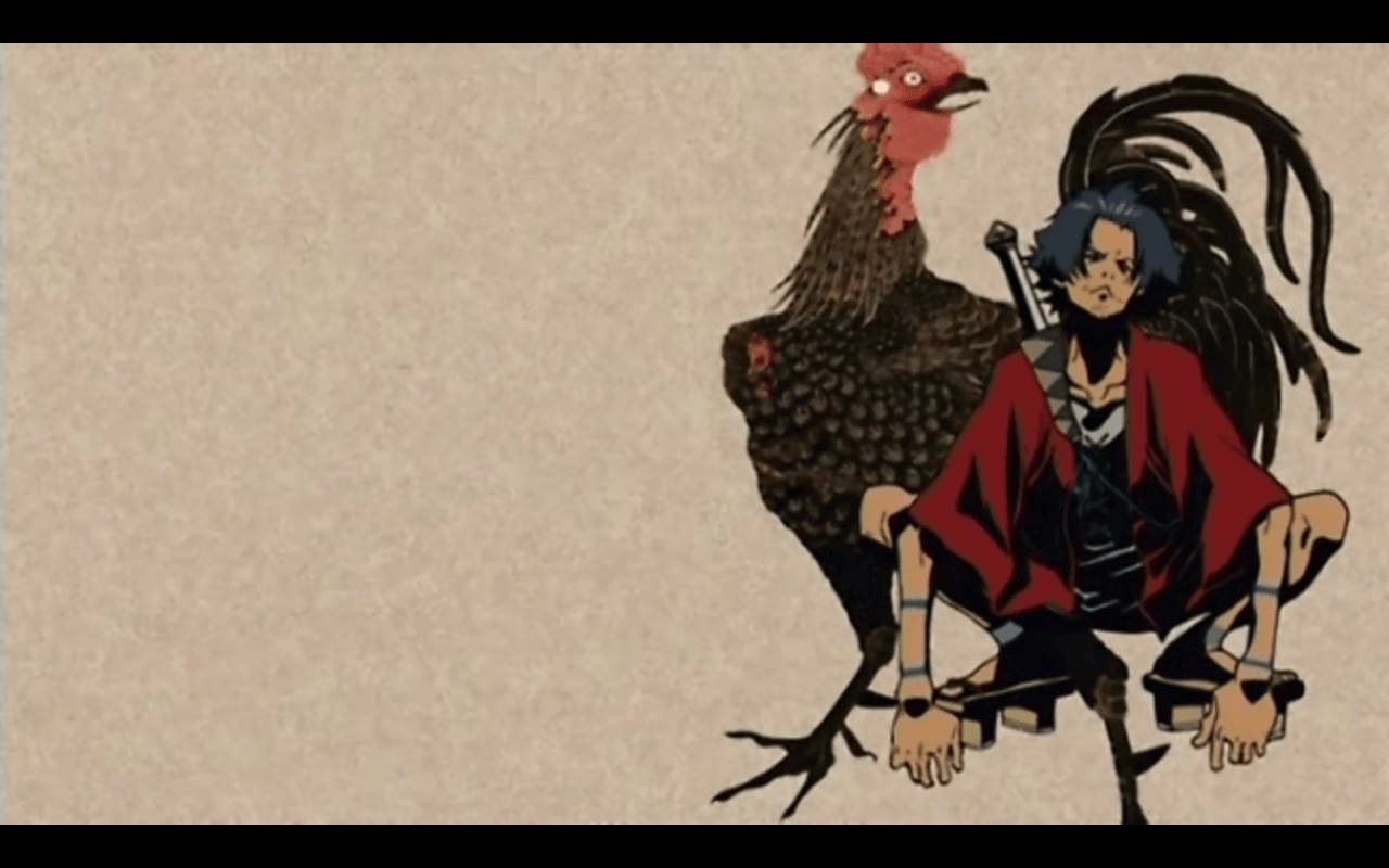 Samurai Champloo 桌布 壁紙 — 一個風格化的動漫角色穿著紅色長袍，蹲在一隻大公雞旁邊，背景是帶紋理的米色。