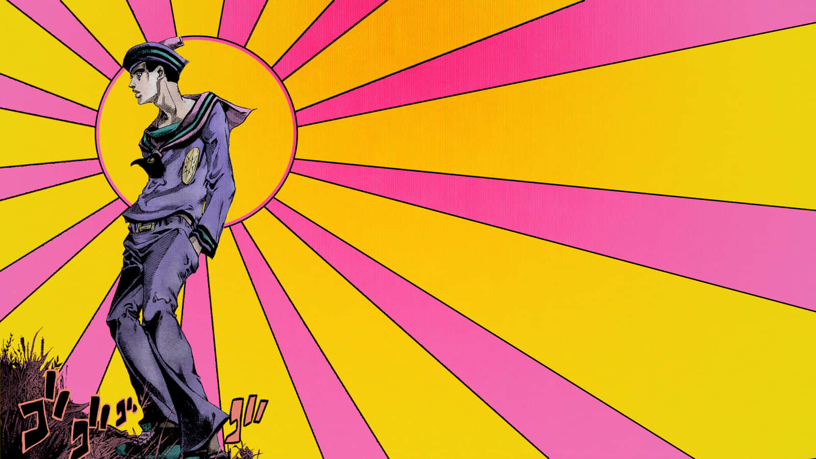 Jjba 桌布 壁紙 — 一個風格化的動漫角色穿著紫色制服，自信地站在鮮豔的黃色和粉紅色太陽爆發背景前。