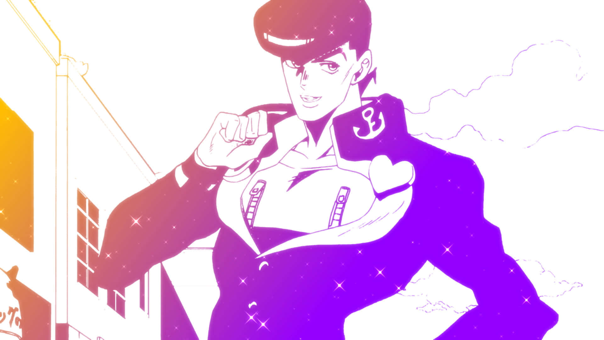 Josuke Higashikata 桌布 壁紙 — 一個風格化的動漫角色穿著紫色和粉紅色漸變服裝，在極簡城市背景前自信地擺姿勢，帶有閃爍效果。