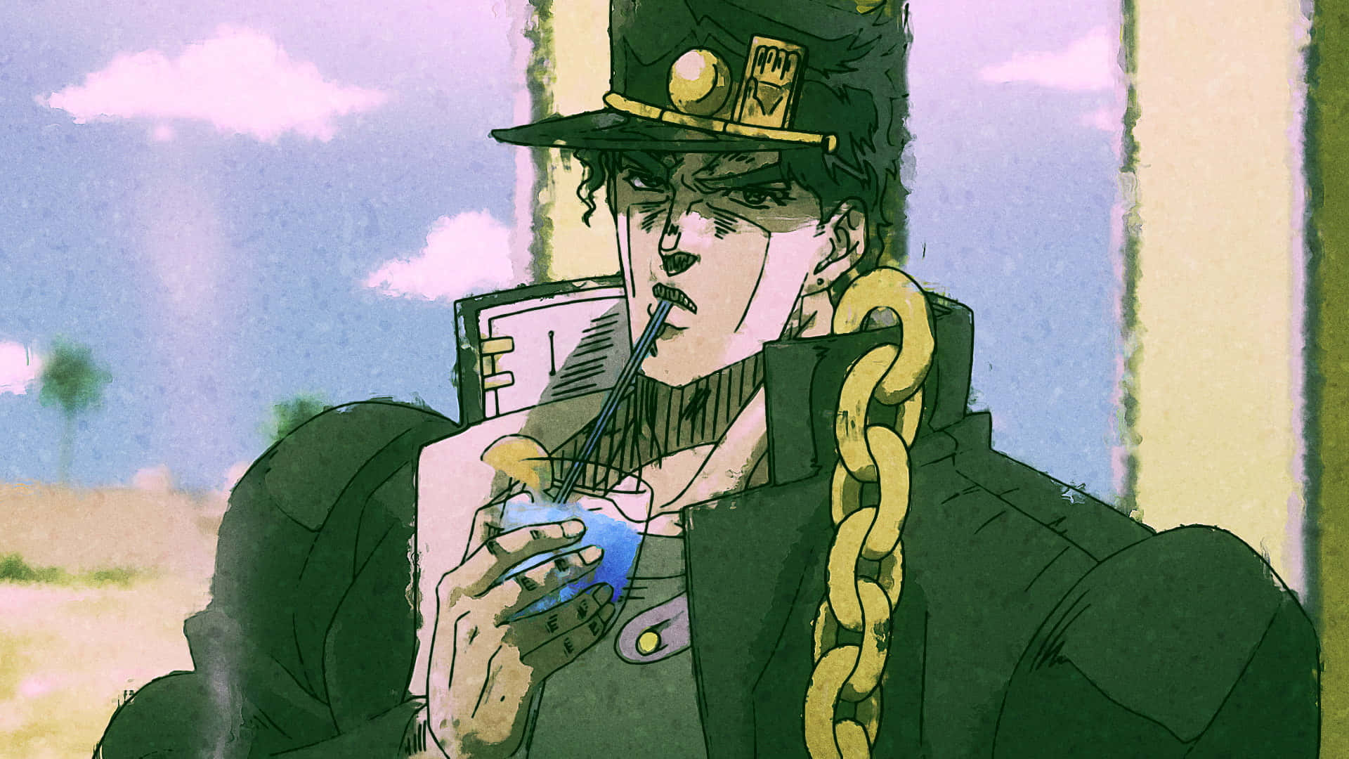 Jotaro Kujo 桌布 壁紙 — 一個風格化的動漫角色穿著綠色制服，用吸管啜飲飲料，同時拿著一本書，背景是陰天天空。