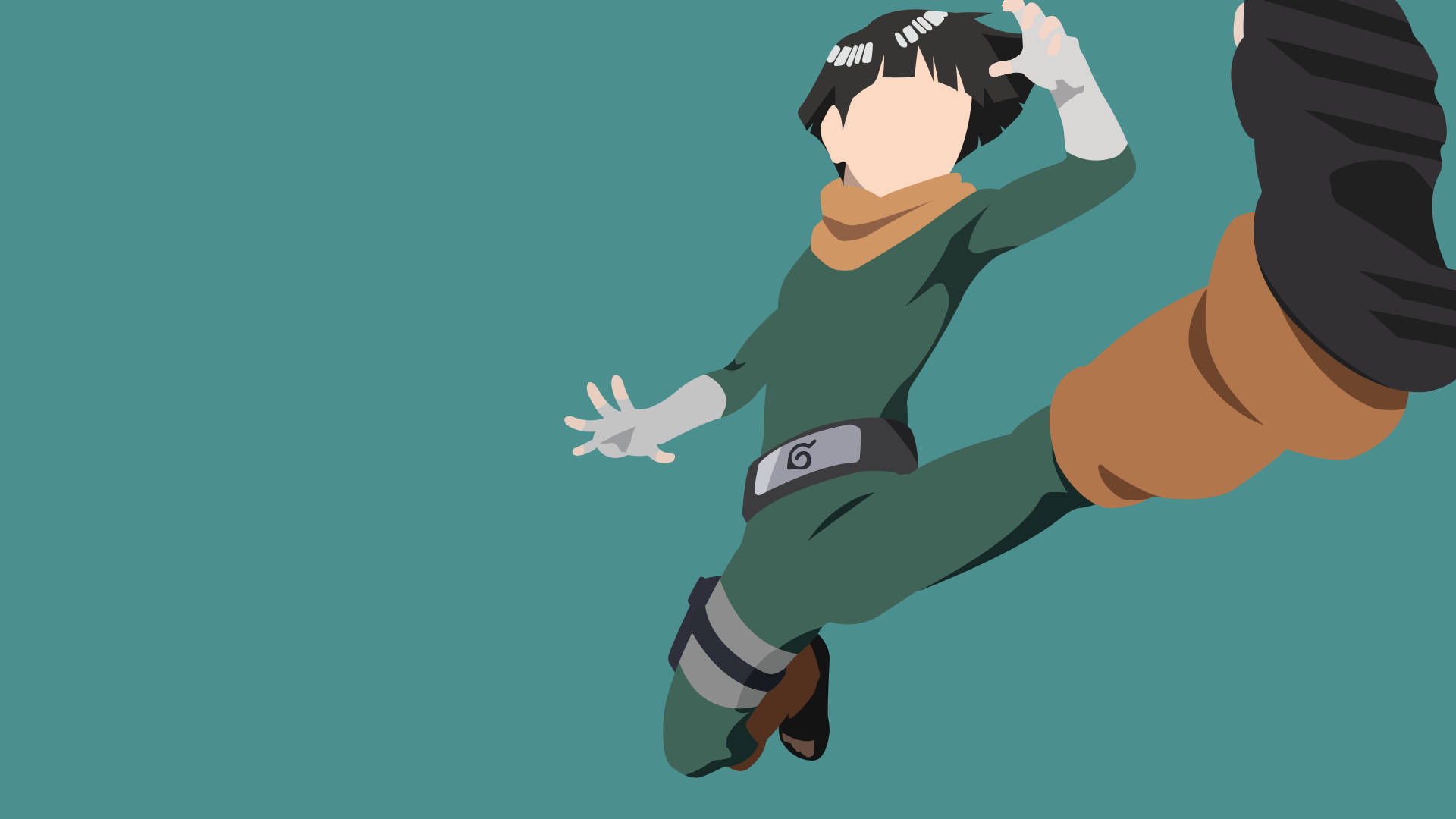 Rock Lee 桌布 壁紙 — 一個風格化的動漫角色穿著綠色忍者裝備，在純青色背景上動態跳躍。