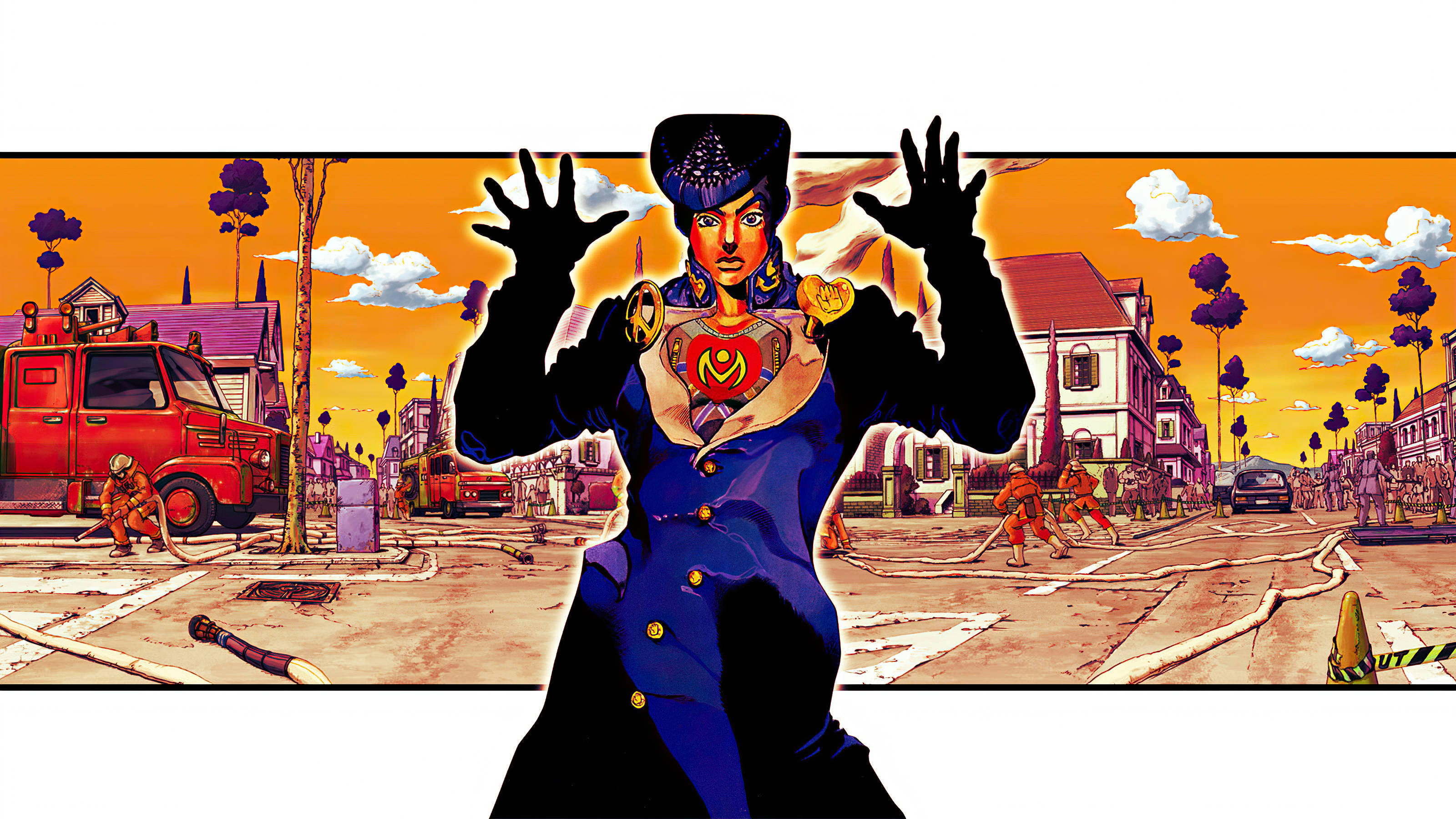 Josuke 桌布 壁紙 — 一個風格化的動漫角色穿著藍色西裝，在火紅橙色日落街景中舉起雙手，背景有消防員和復古汽車。
