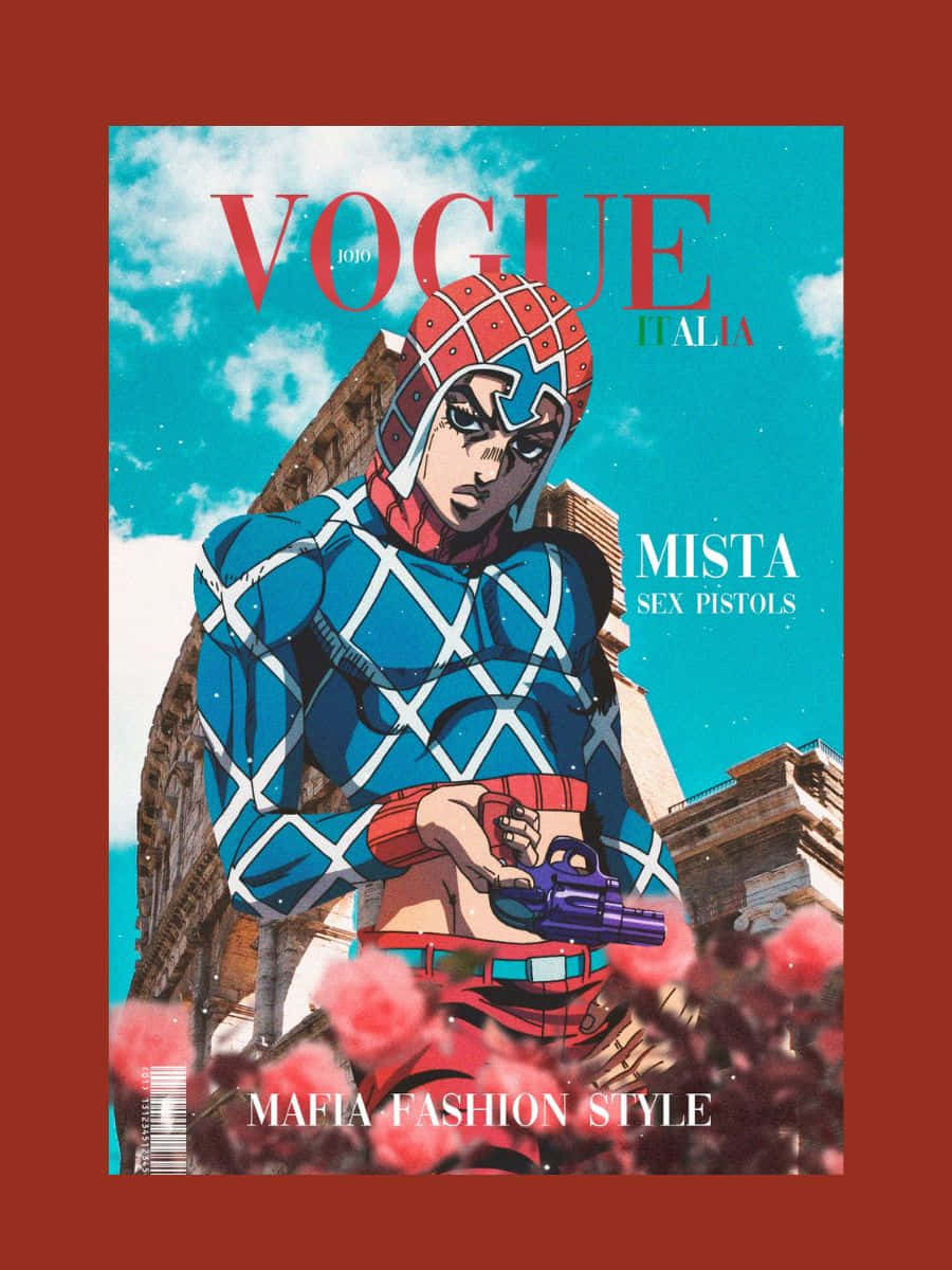 Guido Mista 桌布 壁紙 — 一個風格化的動漫角色穿著藍色鑽石圖案盔甲，在青綠色的天空下拿著紫色手槍，背景是崩塌的建築物和粉紅玫瑰。