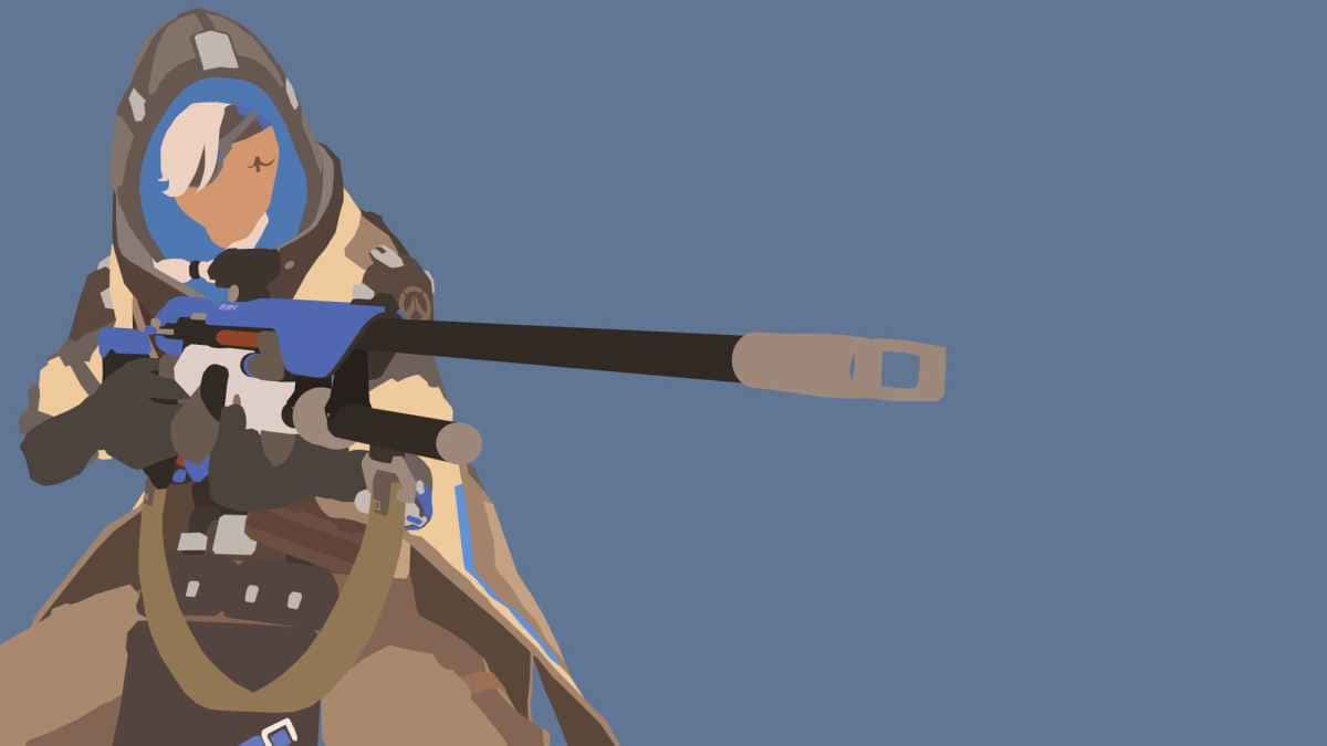 Overwatch Ana 桌布 壁紙 — 一個風格化的動漫角色穿著連帽服裝，在純藍色背景下瞄準狙擊步槍。
