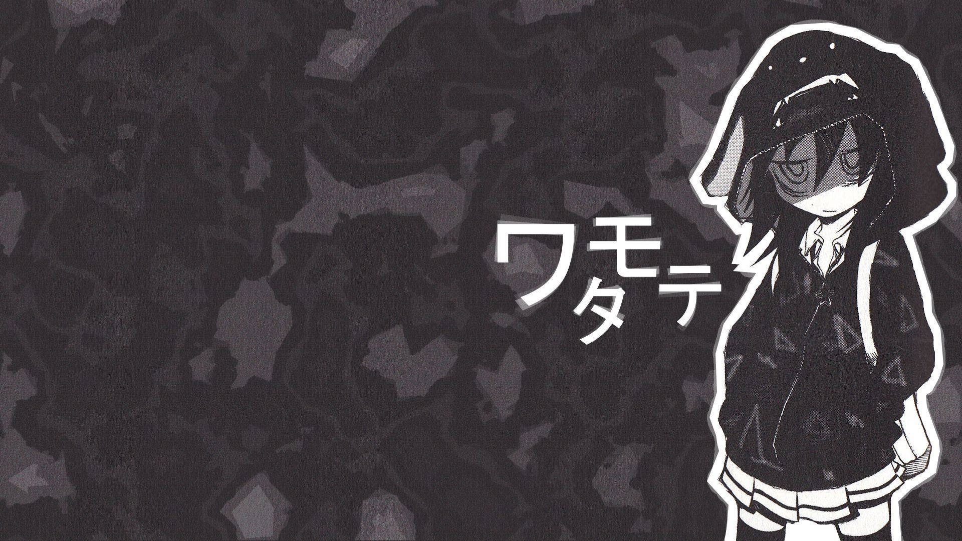 黑色動畫gif 桌布 壁紙 — 一個風格化的動漫角色穿著連帽衫，站在帶有日文字樣的深色紋理背景前。