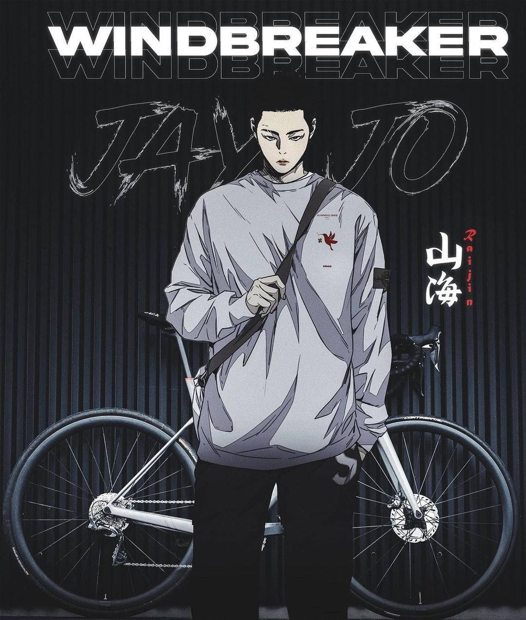Wind 桌布 壁紙 — 一個風格化的動漫角色穿著風衣，站在一輛自行車旁邊，背景是深色波紋牆，上面有粗體的塗鴉文字。