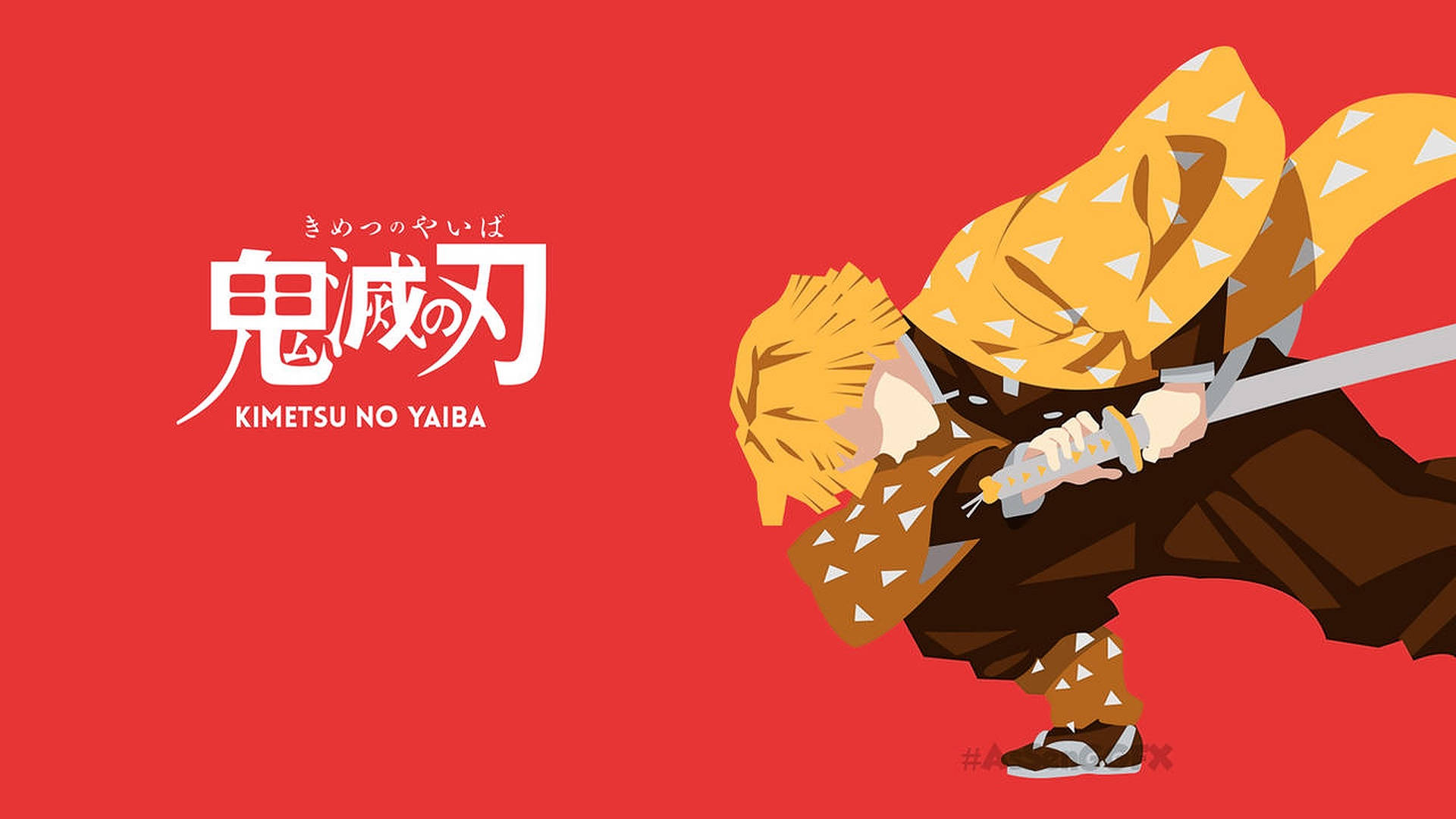 demon slayer logo 桌布 壁紙 — 一個風格化的動漫角色穿著黃色圖案羽織，在鮮紅色背景前持劍向前衝刺。