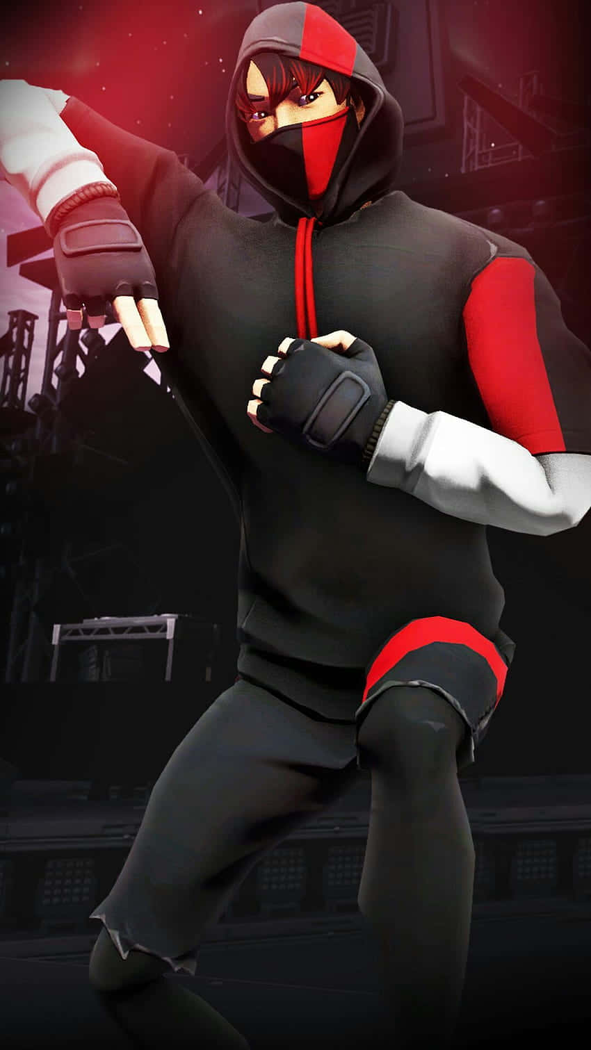 Fortnite Ikonik Skin 桌布 壁紙 — 一個風格化的動漫角色穿著黑色、紅色和白色的連帽衫，在黑暗的城市背景下以紅色燈光擺出動態的戰鬥姿勢。