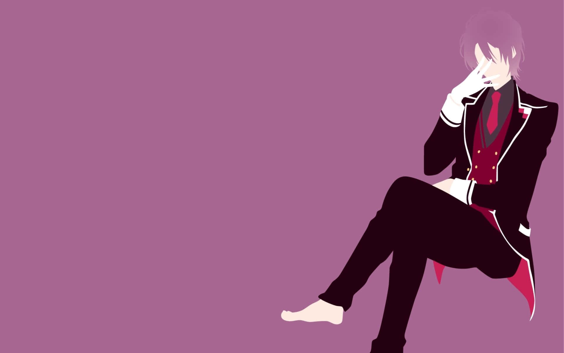Diabolik Lovers 桌布 壁紙 — 一個風格化的動漫角色穿著黑色和紅色的西裝，赤腳坐在純紫色背景前，手遮住半邊臉。