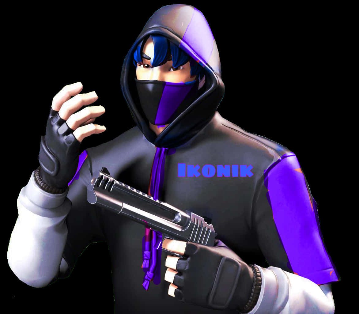 Fortnite Ikonik Skin 桌布 壁紙 — 一個風格化的動漫角色穿著黑色和紫色的連帽衫，在黑暗背景中手持手槍。