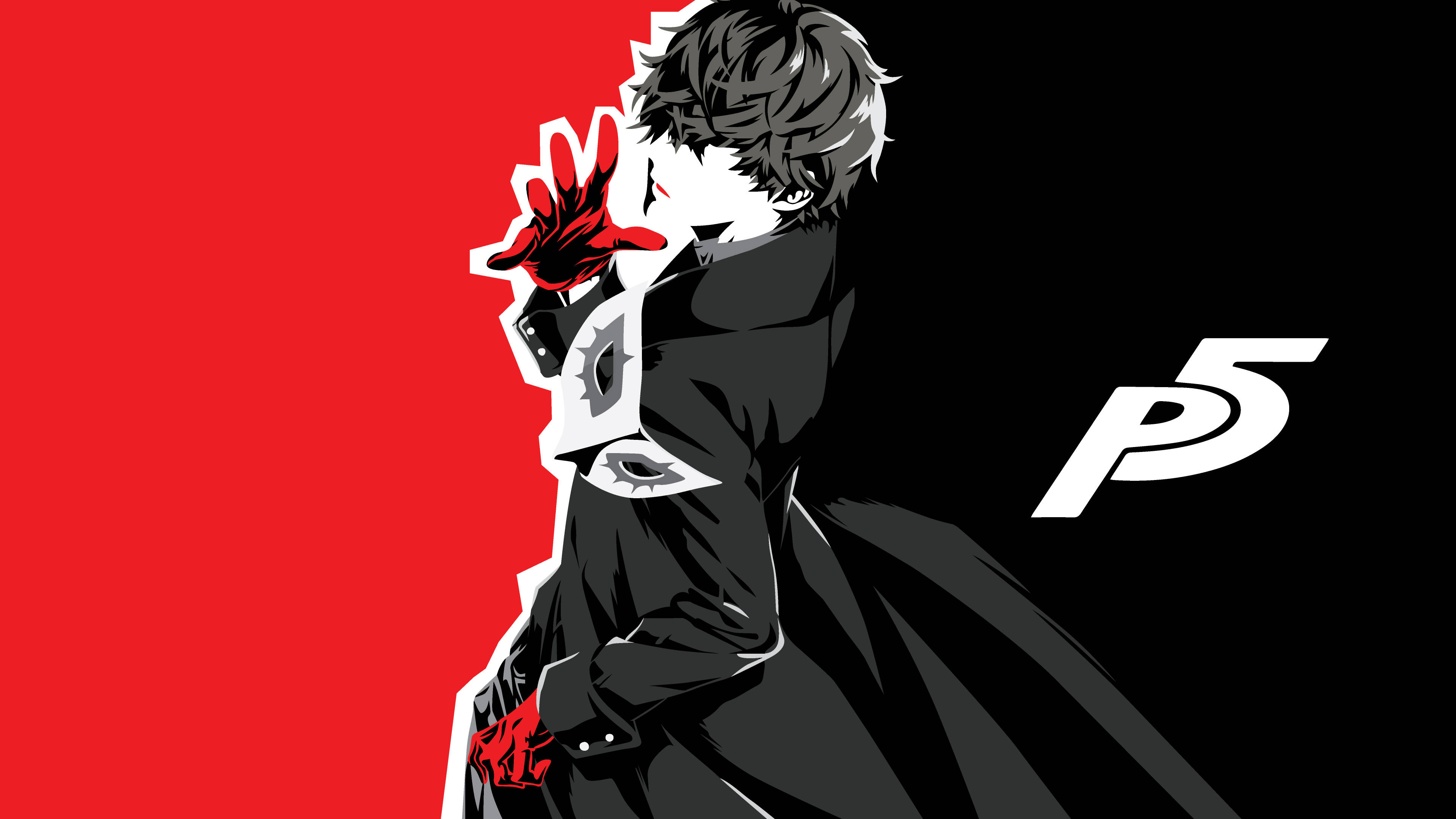 persona 5 4K 桌布 壁紙 — 一個風格化的動漫角色穿著黑色外套，舉起戴著紅色手套的手，背景是紅黑分割並帶有白色P5標誌。