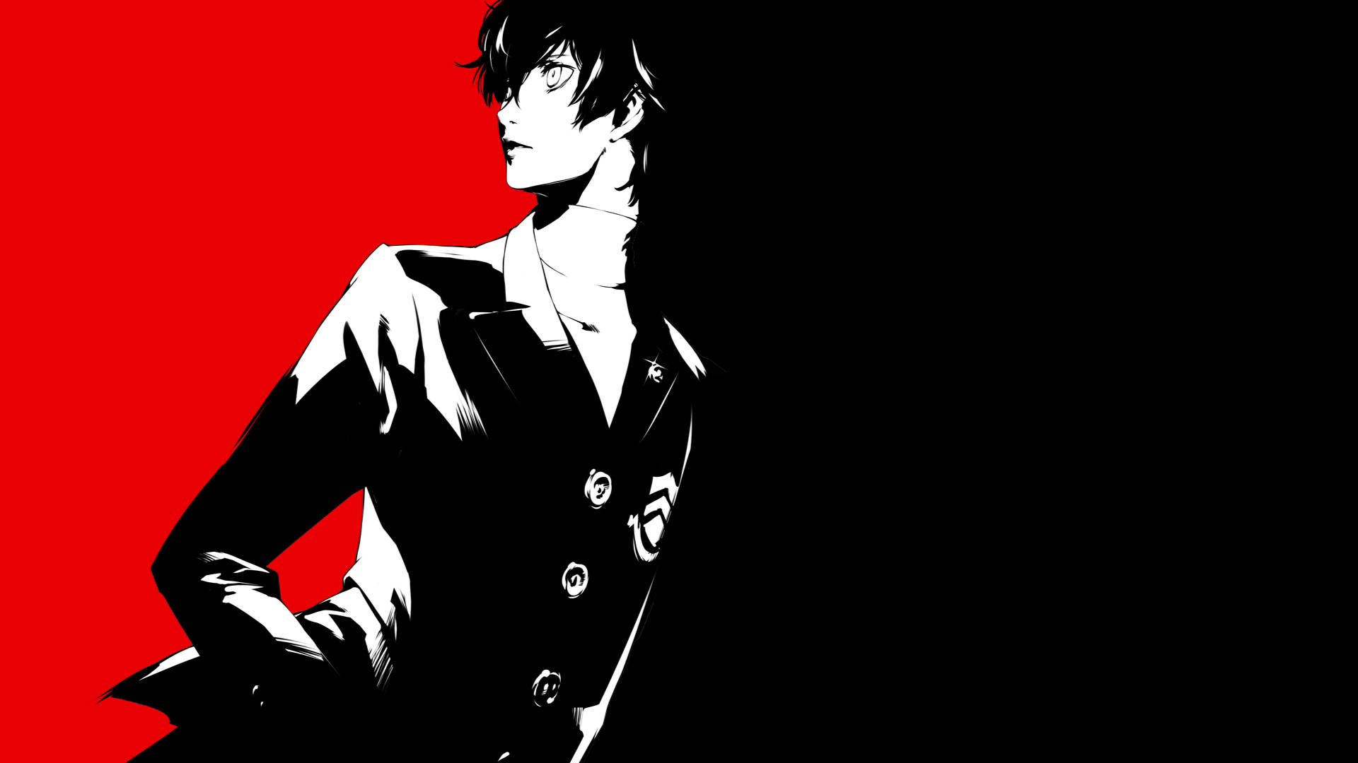 ren amamiya 桌布 壁紙 — 一個風格化的動漫角色穿著黑色西裝，站在大膽的紅黑背景前，帶有戲劇性的燈光。