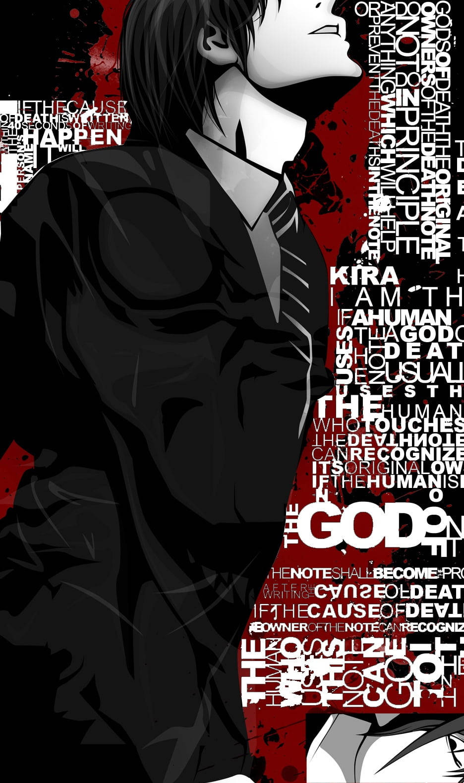 Light Yagami 桌布 壁紙 — 一個風格化的動漫角色穿著黑色西裝，站在充滿白色文字引用的紅色背景前。