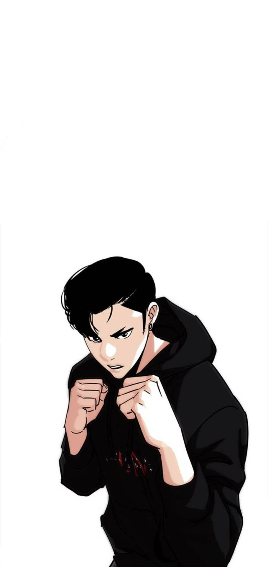 動漫男性戰士穿著黑色連帽衫，舉起拳頭。 — 看臉時代 GIF 壁紙