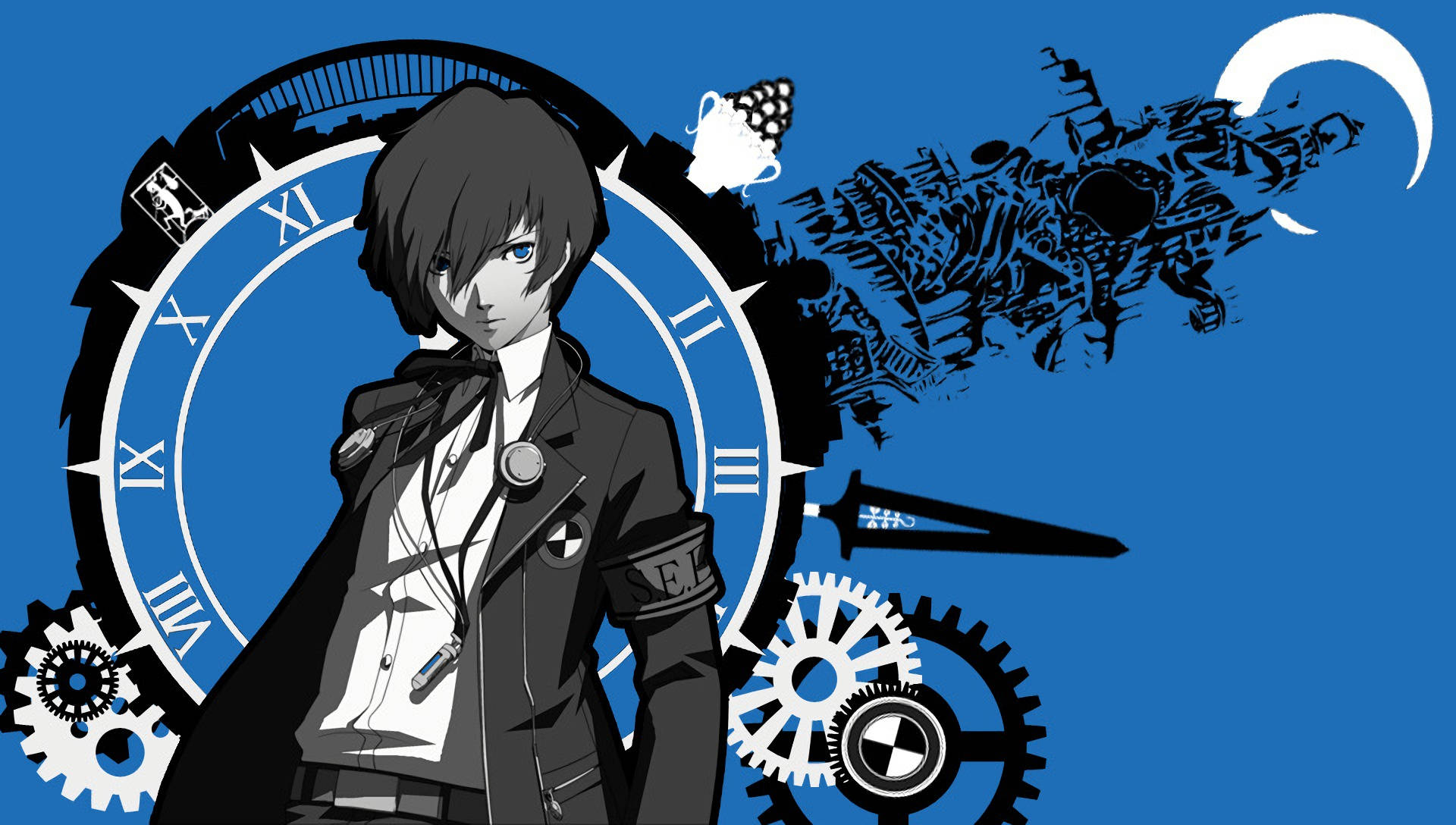 Persona 3 桌布 壁紙 — 一個風格化的動漫角色站在一個帶有齒輪和新月的大時鐘前，背景是鮮明的藍色。